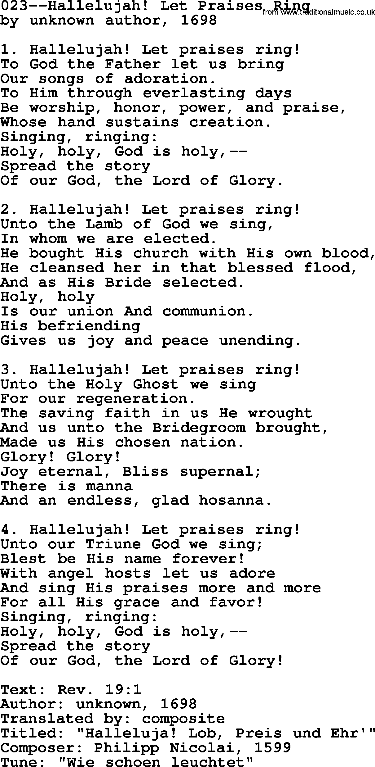 Lutheran Hymn: 023--Hallelujah! Let Praises Ring.txt lyrics with PDF
