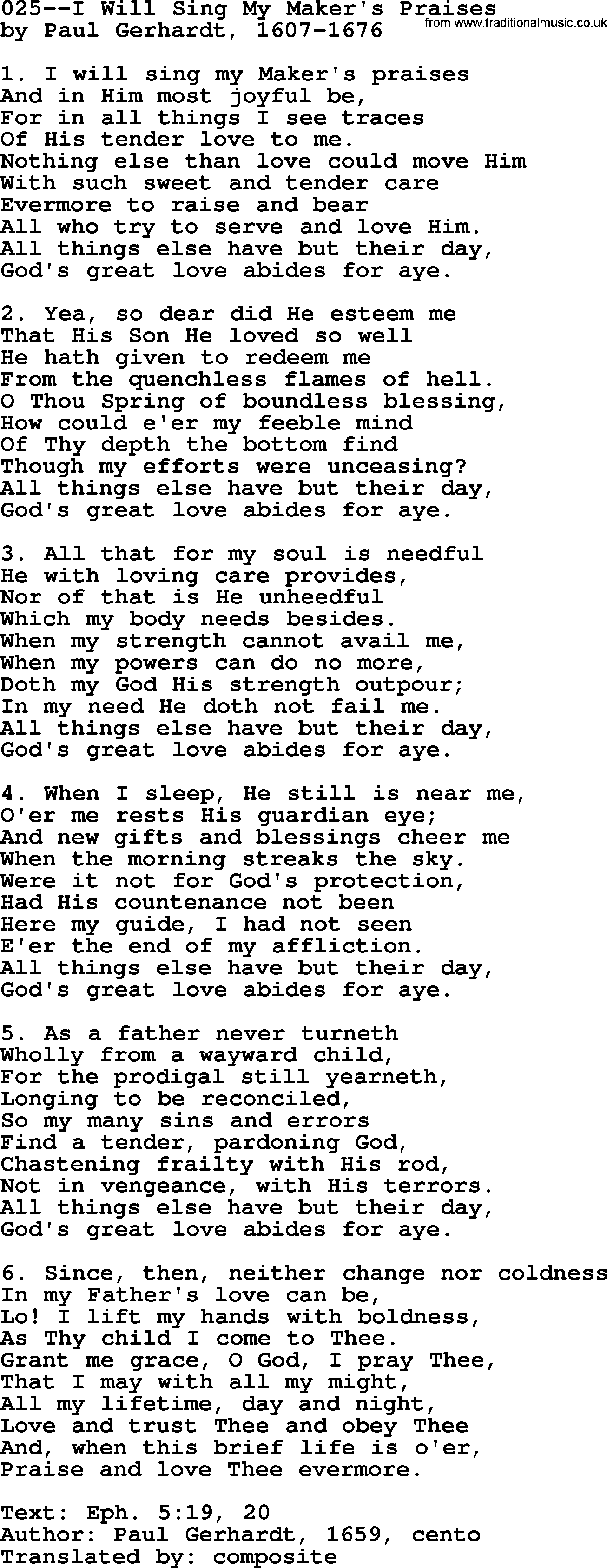 Lutheran Hymn: 025--I Will Sing My Maker's Praises.txt lyrics with PDF