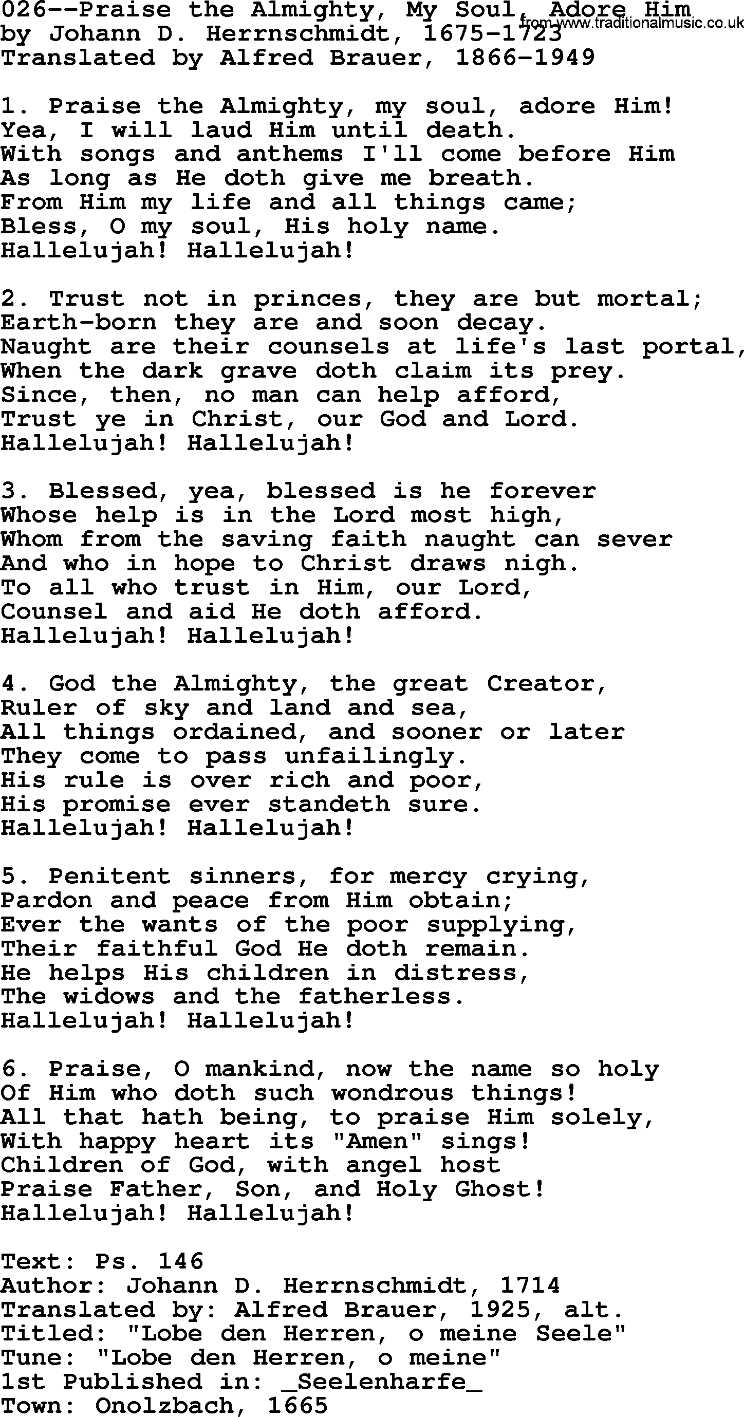 Lutheran Hymn: 026--Praise the Almighty, My Soul, Adore Him.txt lyrics with PDF