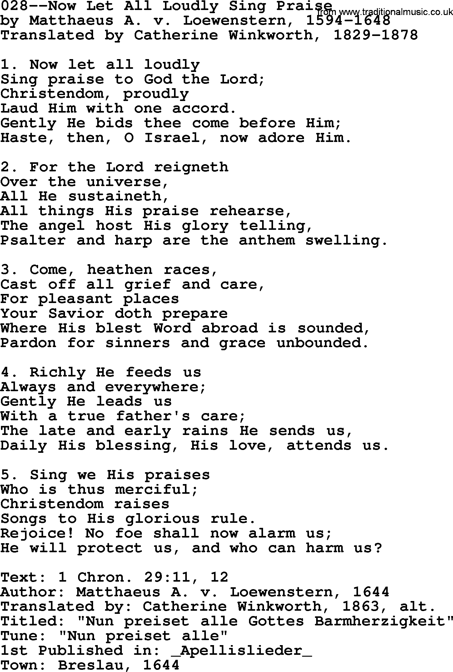 Lutheran Hymn: 028--Now Let All Loudly Sing Praise.txt lyrics with PDF