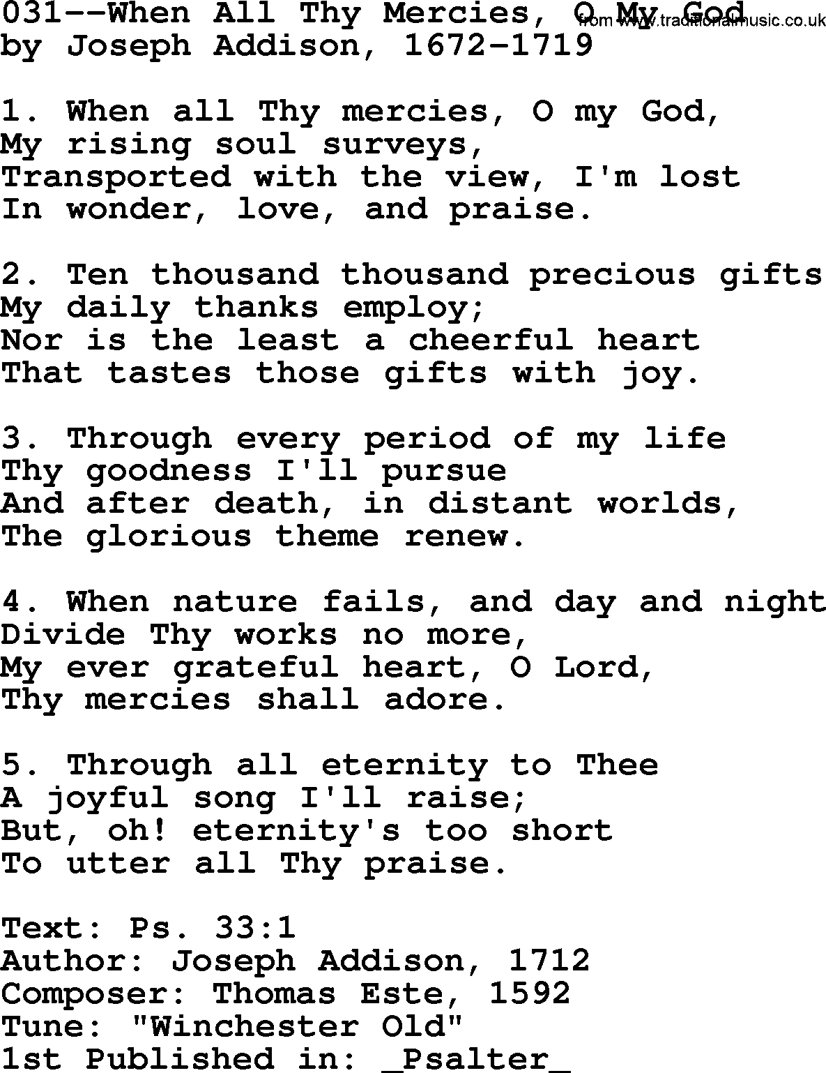 Lutheran Hymn: 031--When All Thy Mercies, O My God.txt lyrics with PDF