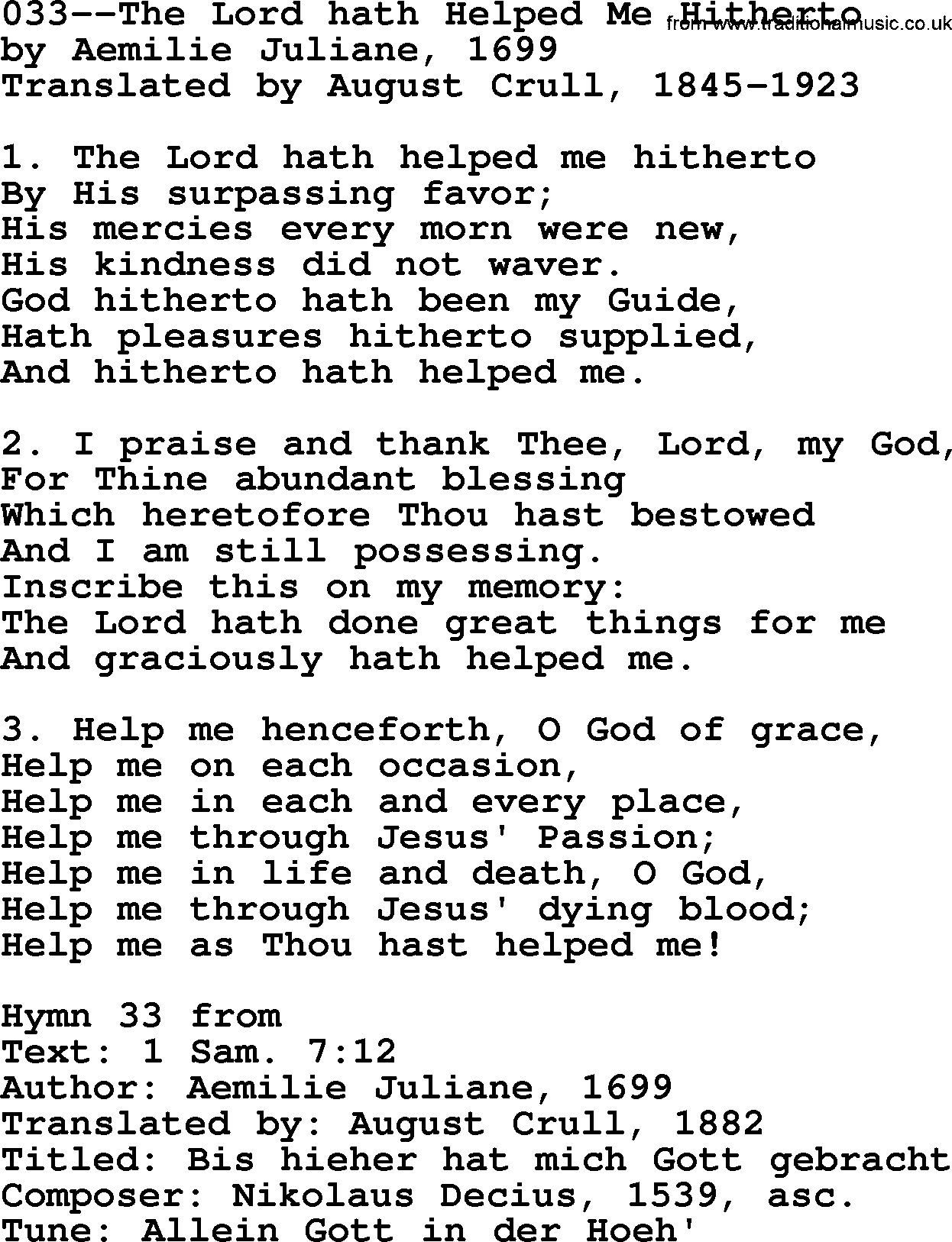 Lutheran Hymn: 033--The Lord hath Helped Me Hitherto.txt lyrics with PDF