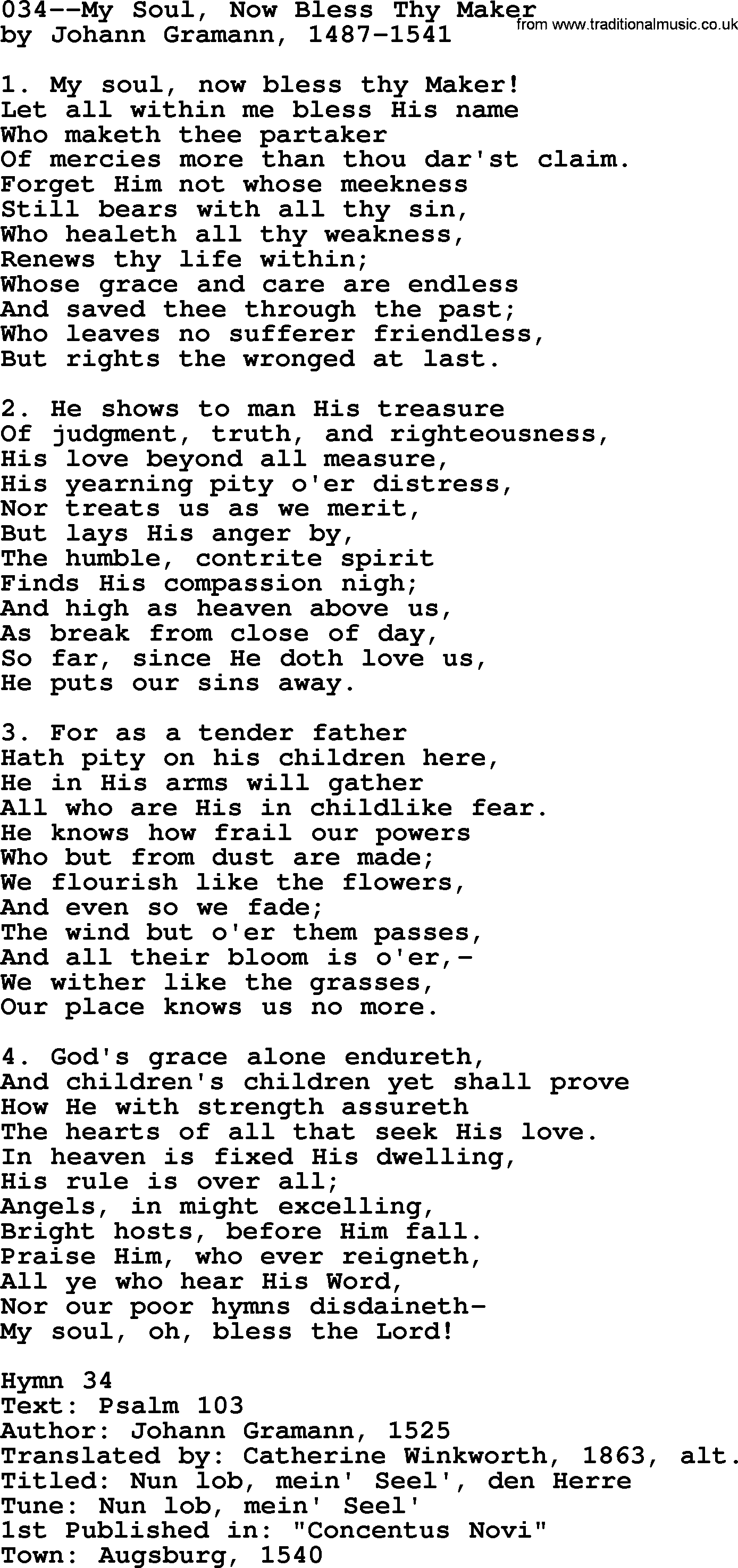 Lutheran Hymn: 034--My Soul, Now Bless Thy Maker.txt lyrics with PDF