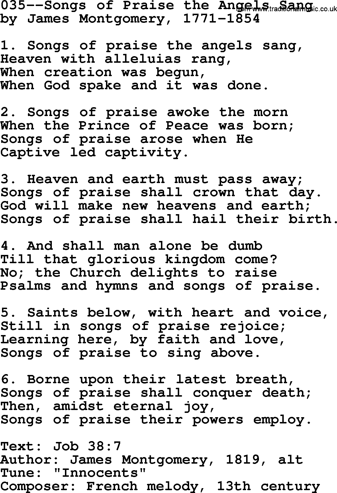 Lutheran Hymn: 035--Songs of Praise the Angels Sang.txt lyrics with PDF