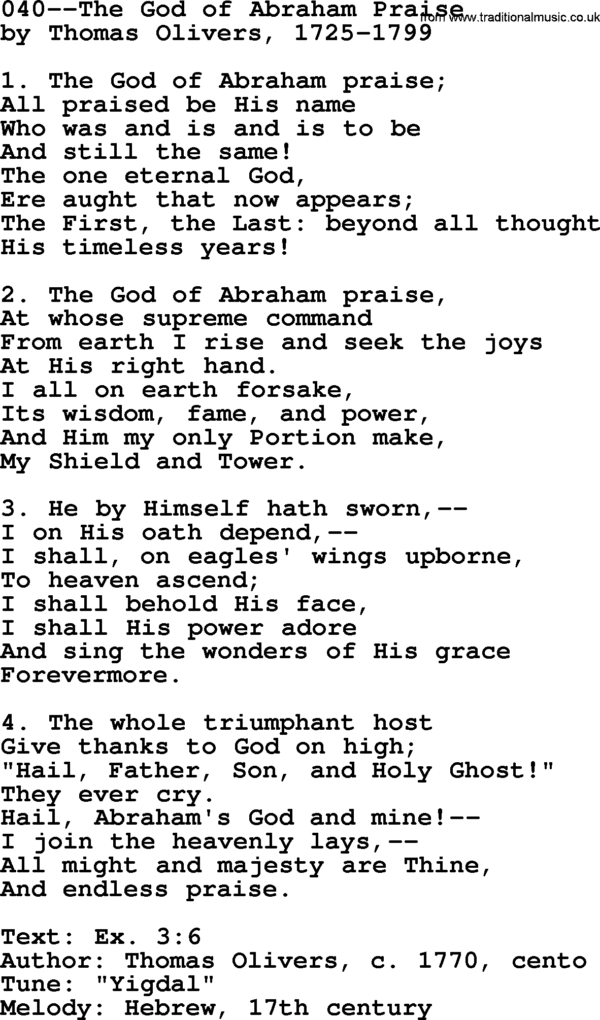 Lutheran Hymn: 040--The God of Abraham Praise.txt lyrics with PDF