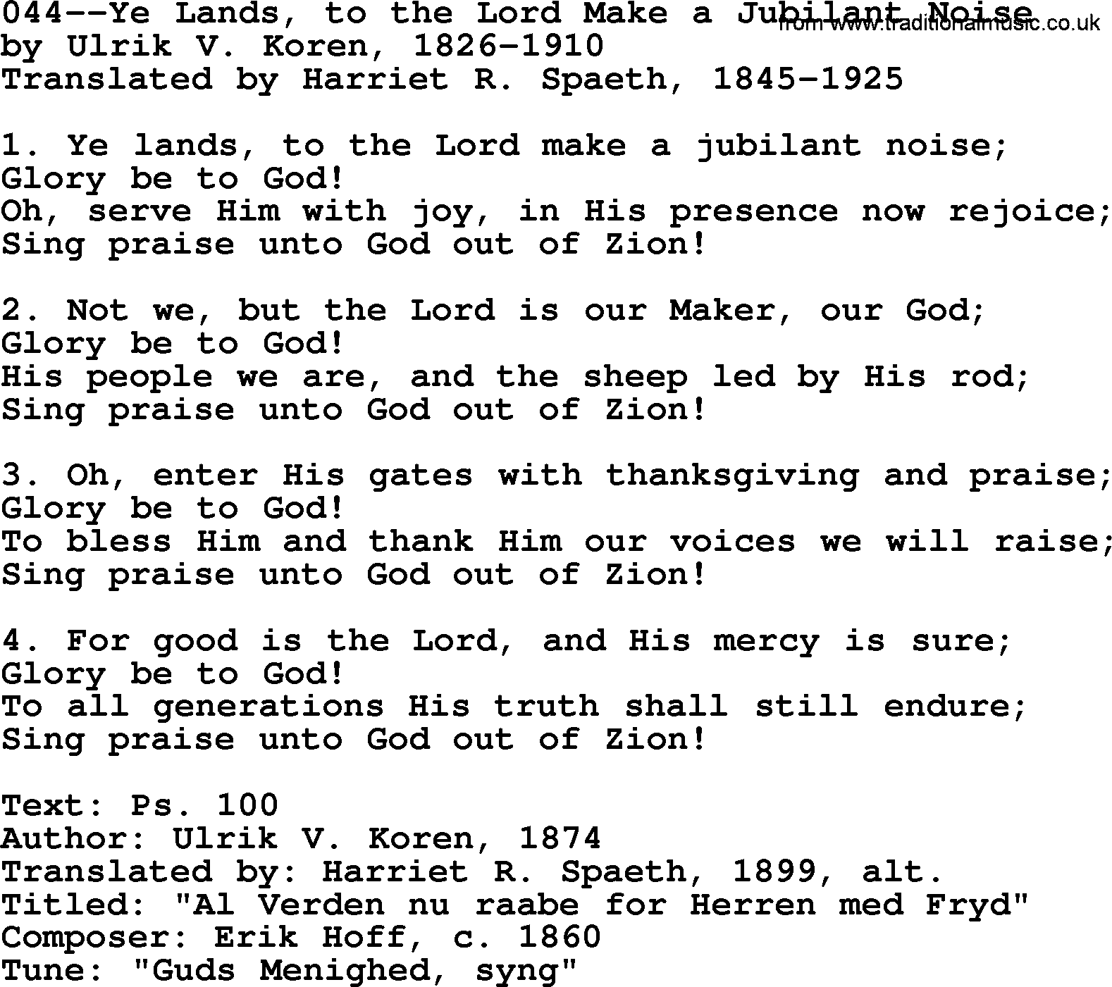 Lutheran Hymn: 044--Ye Lands, to the Lord Make a Jubilant Noise.txt lyrics with PDF