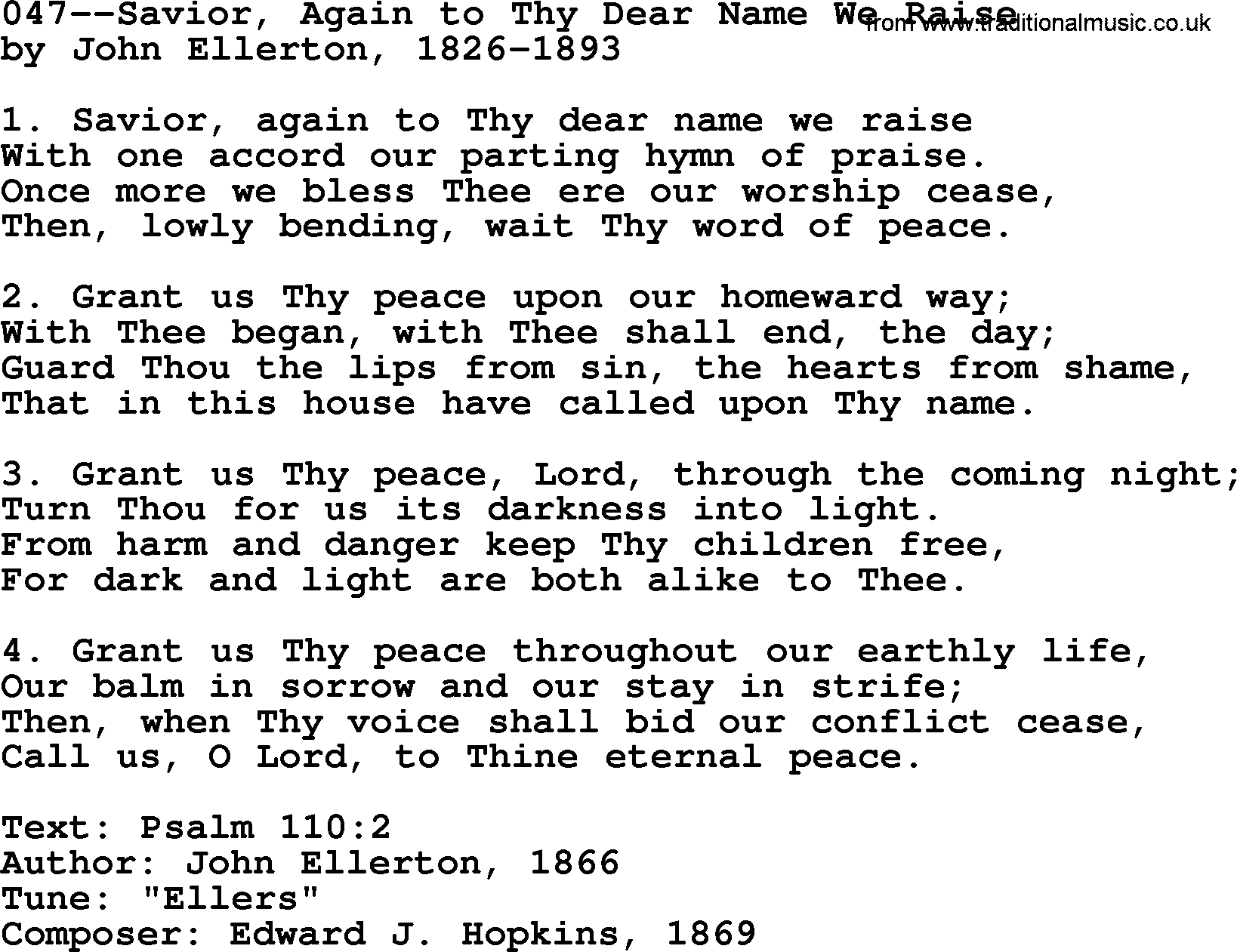 Lutheran Hymn: 047--Savior, Again to Thy Dear Name We Raise.txt lyrics with PDF