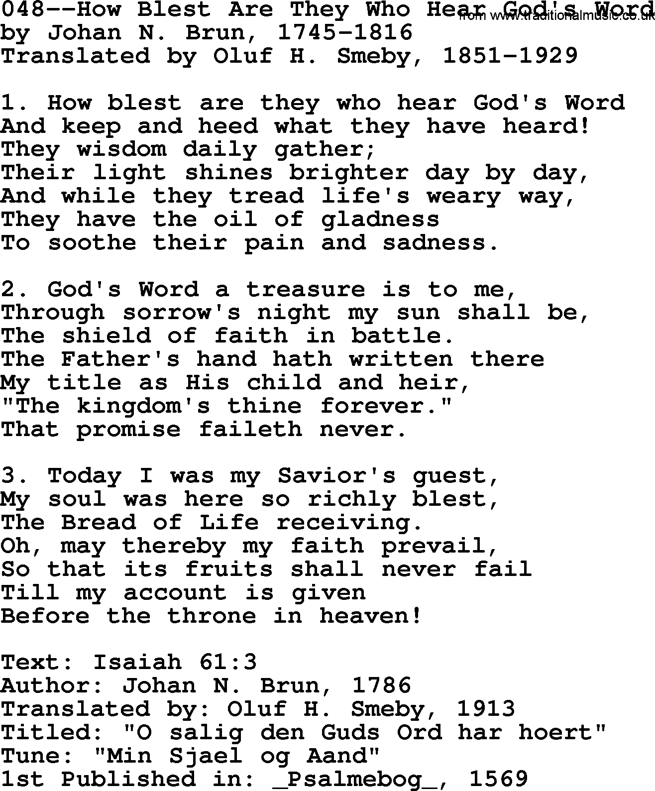 Lutheran Hymn: 048--How Blest Are They Who Hear God's Word.txt lyrics with PDF