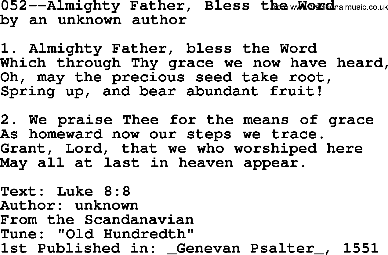 Lutheran Hymn: 052--Almighty Father, Bless the Word.txt lyrics with PDF