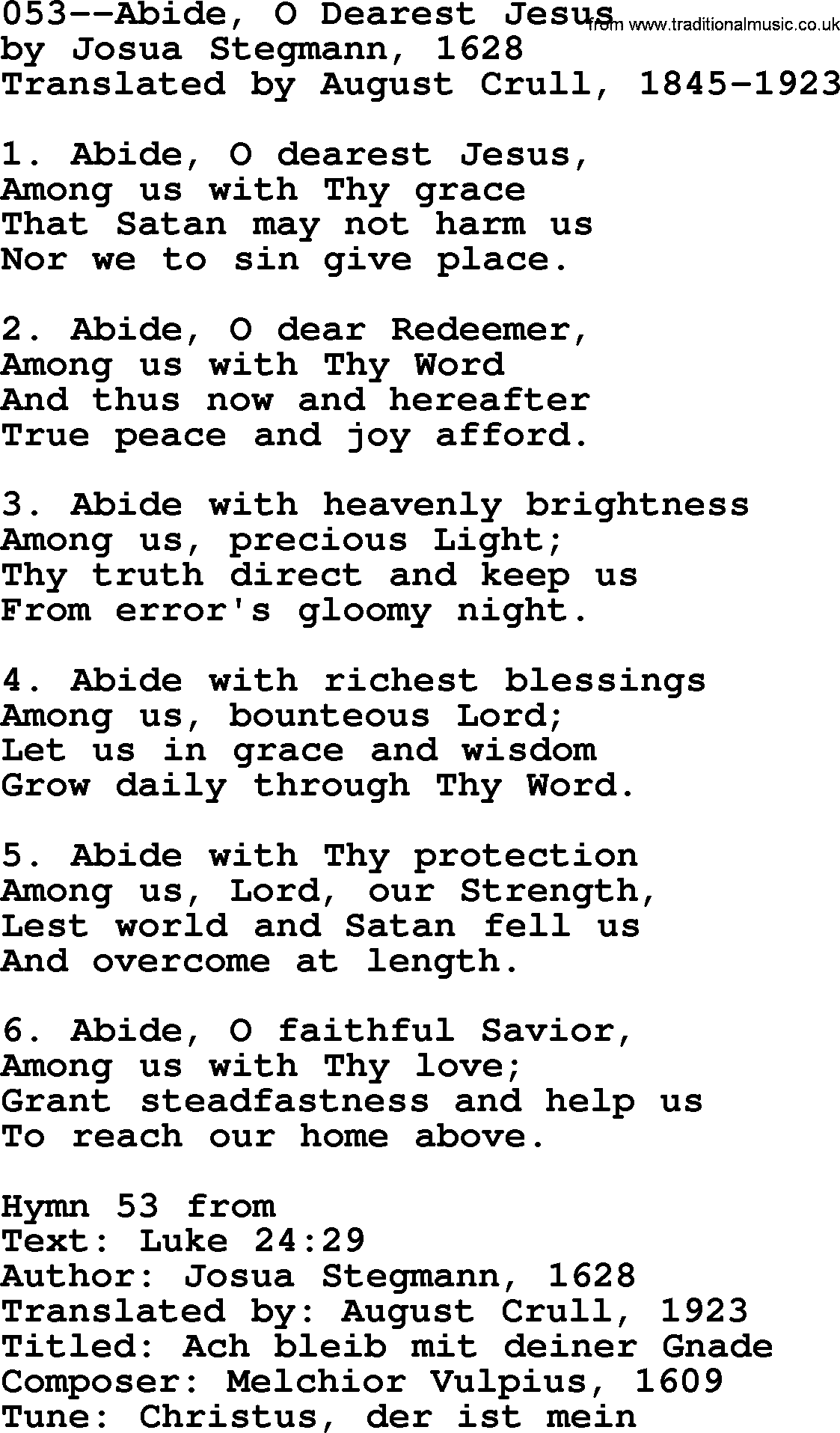 Lutheran Hymn: 053--Abide, O Dearest Jesus.txt lyrics with PDF