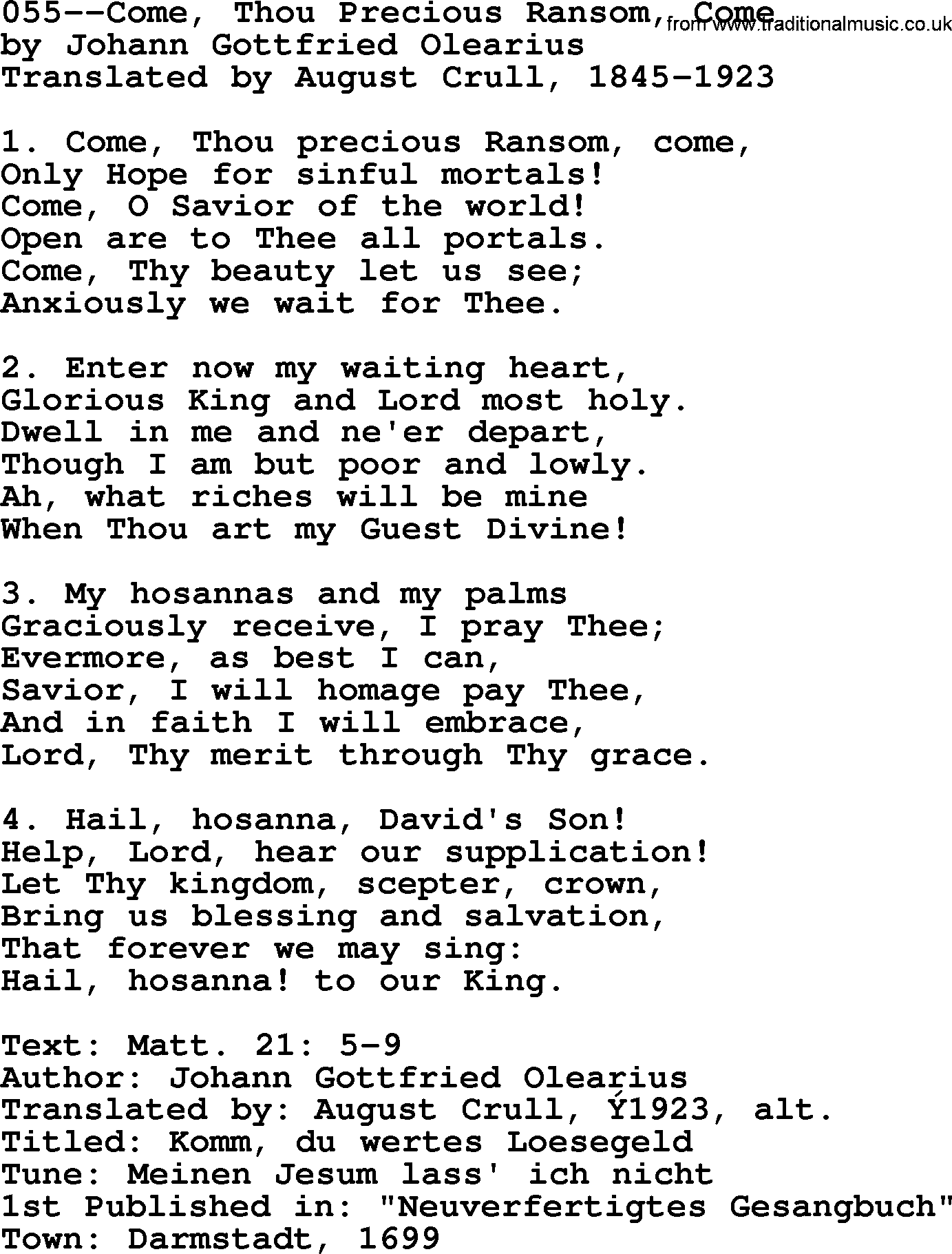 Lutheran Hymn: 055--Come, Thou Precious Ransom, Come.txt lyrics with PDF