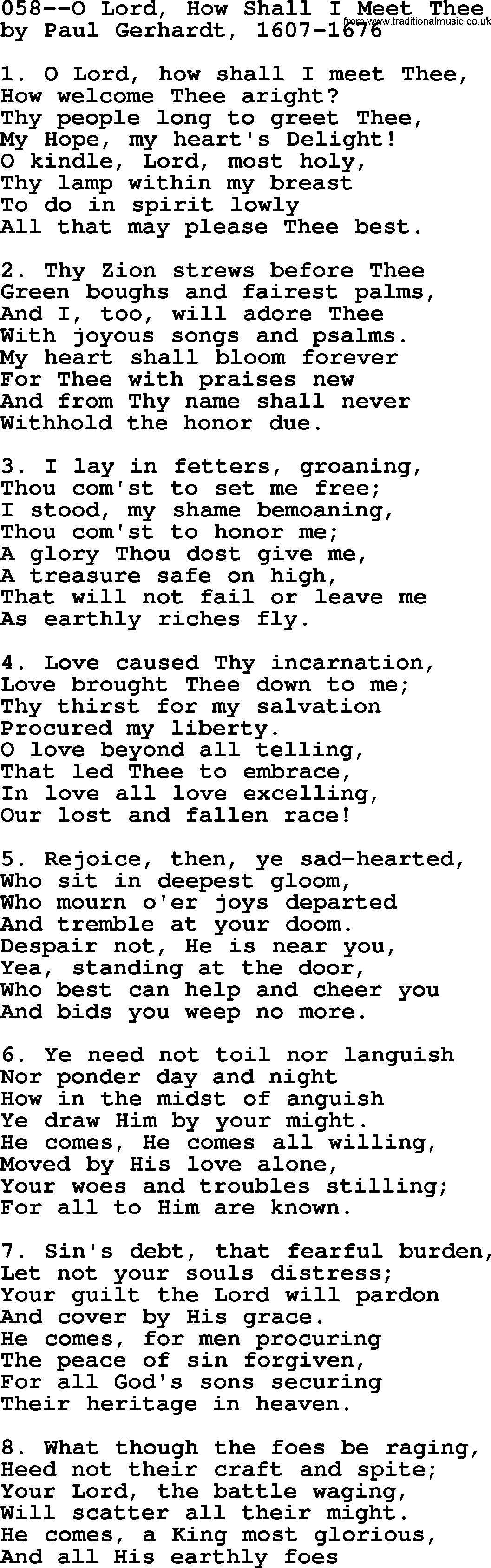 Lutheran Hymn: 058--O Lord, How Shall I Meet Thee.txt lyrics with PDF