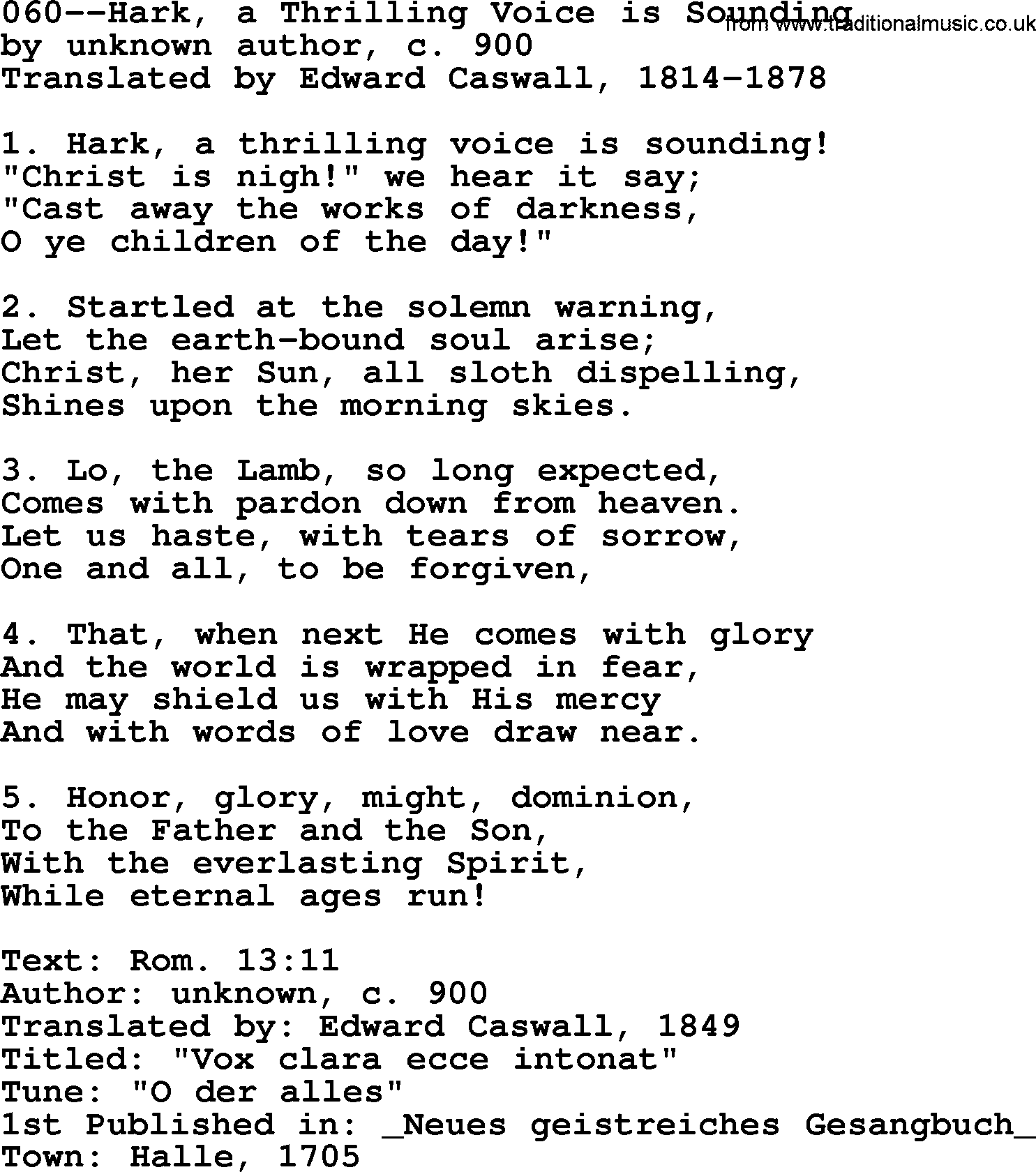 Lutheran Hymn: 060--Hark, a Thrilling Voice is Sounding.txt lyrics with PDF
