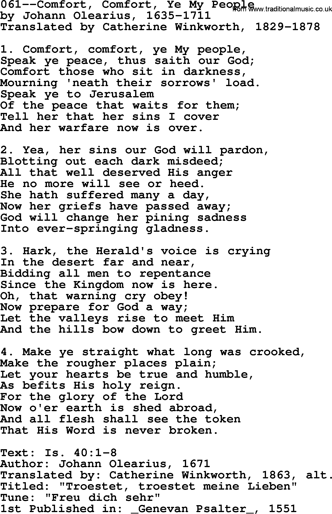 Lutheran Hymn: 061--Comfort, Comfort, Ye My People.txt lyrics with PDF