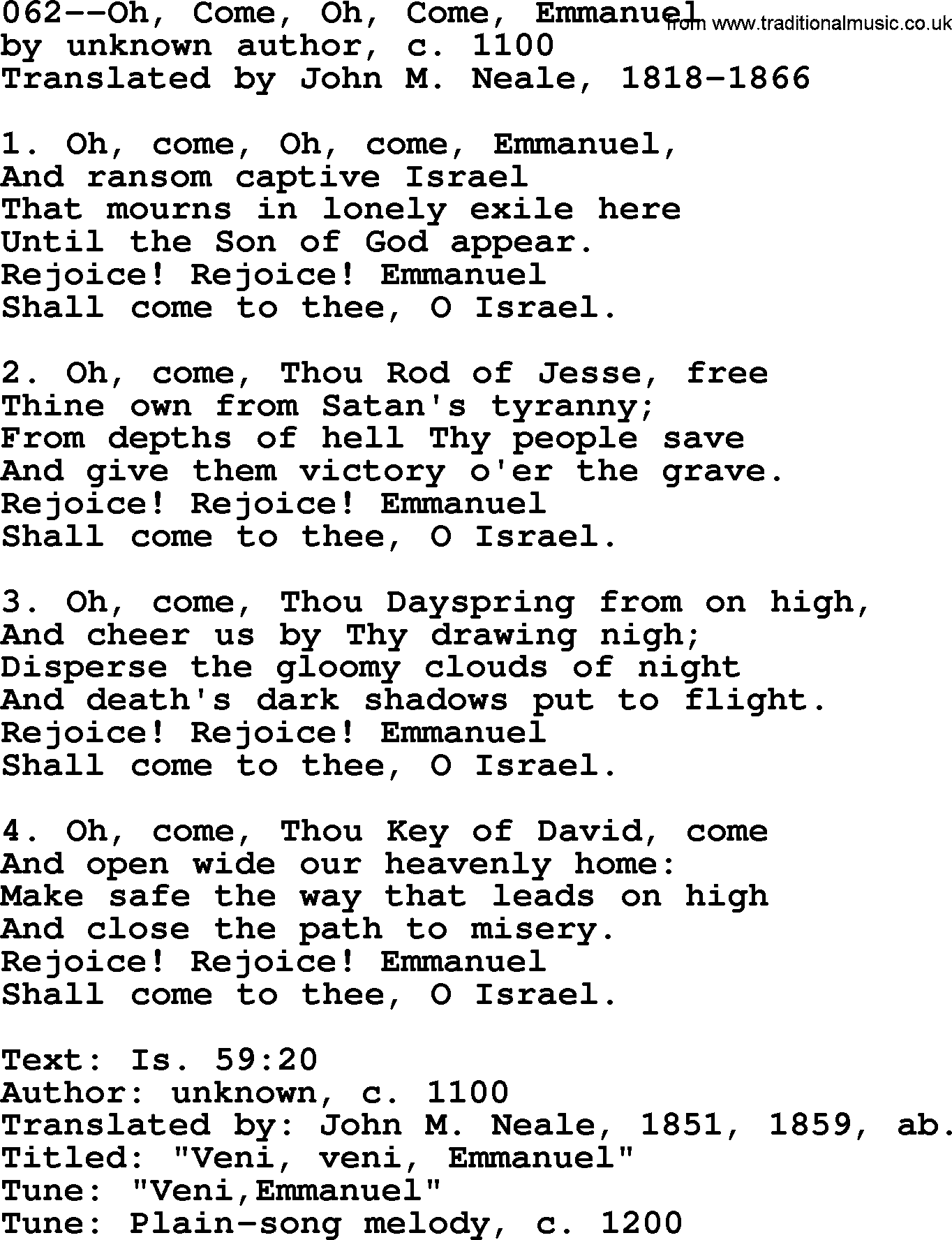 Lutheran Hymn: 062--Oh, Come, Oh, Come, Emmanuel.txt lyrics with PDF