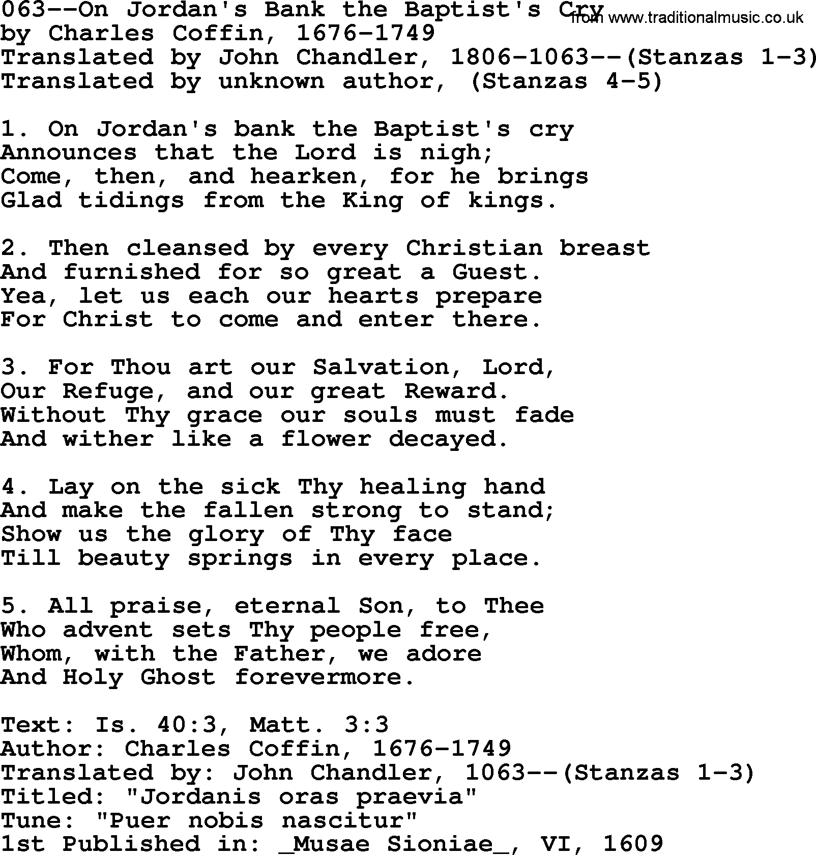 Lutheran Hymn: 063--On Jordan's Bank the Baptist's Cry.txt lyrics with PDF