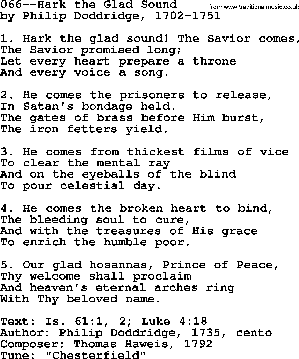 Lutheran Hymn: 066--Hark the Glad Sound.txt lyrics with PDF