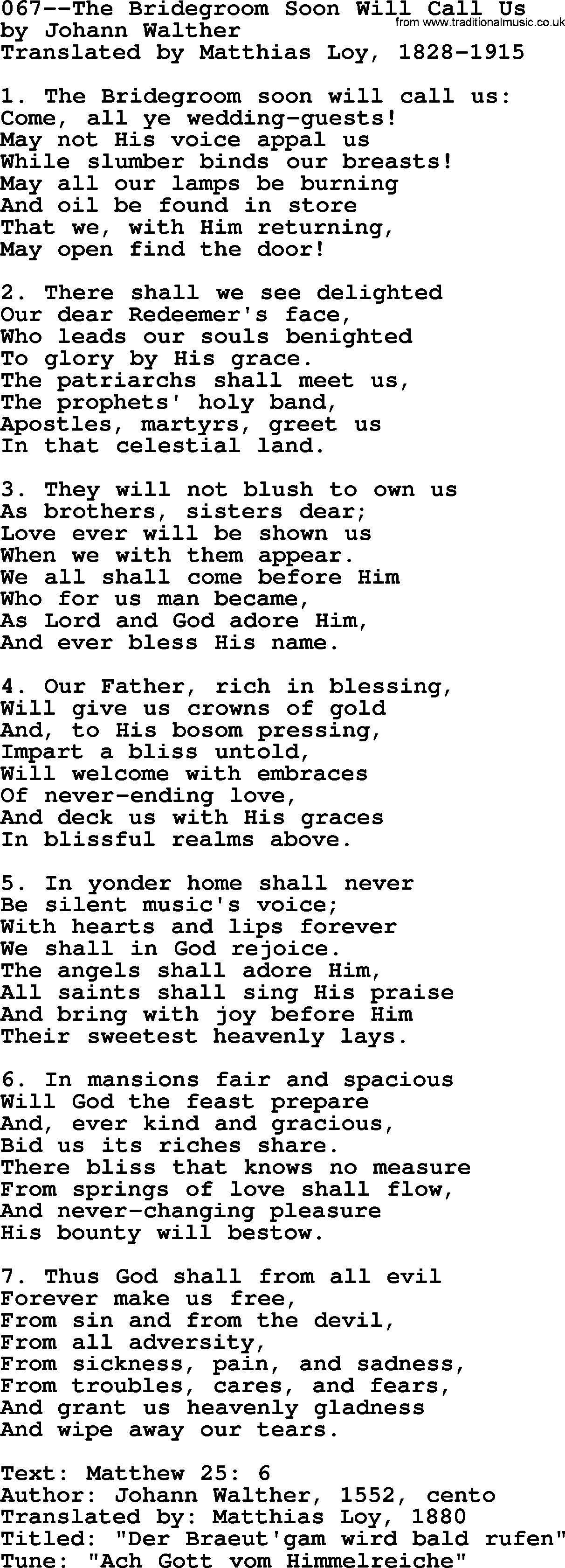 Lutheran Hymn: 067--The Bridegroom Soon Will Call Us.txt lyrics with PDF