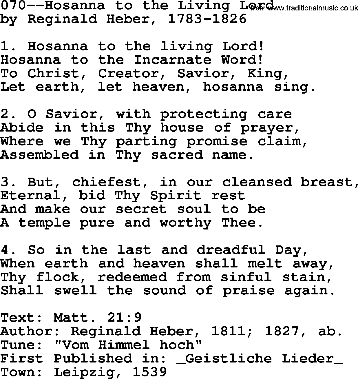Lutheran Hymn: 070--Hosanna to the Living Lord.txt lyrics with PDF