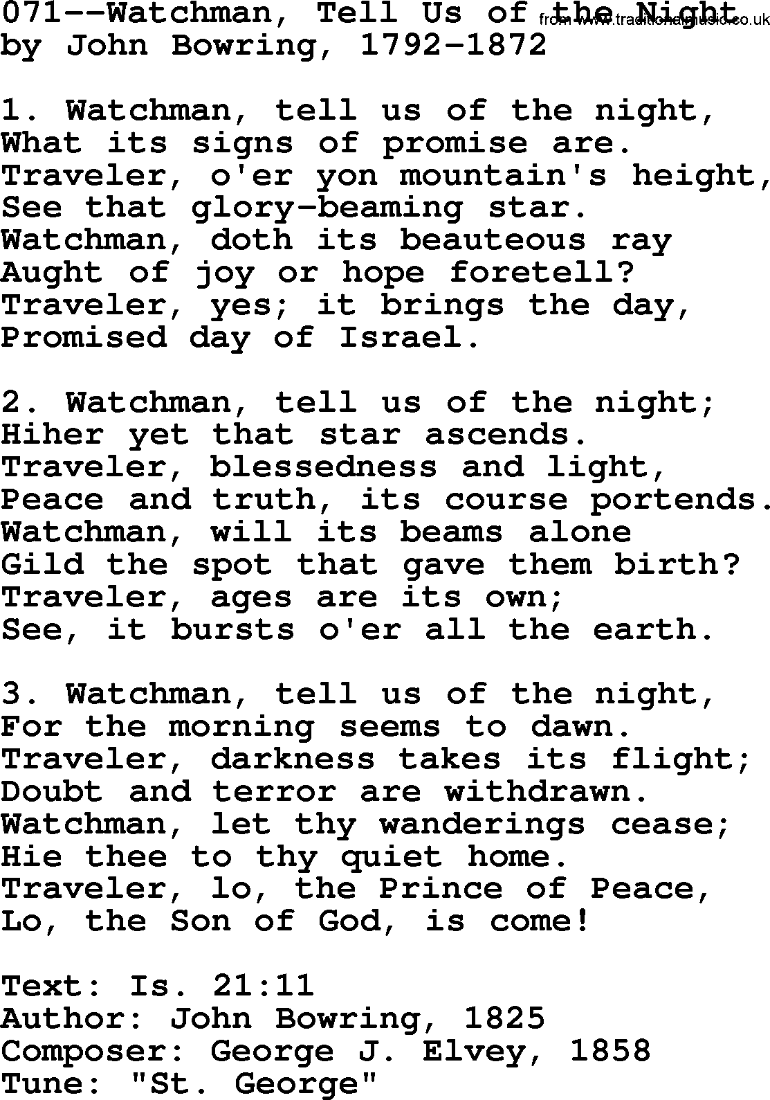 Lutheran Hymn: 071--Watchman, Tell Us of the Night.txt lyrics with PDF