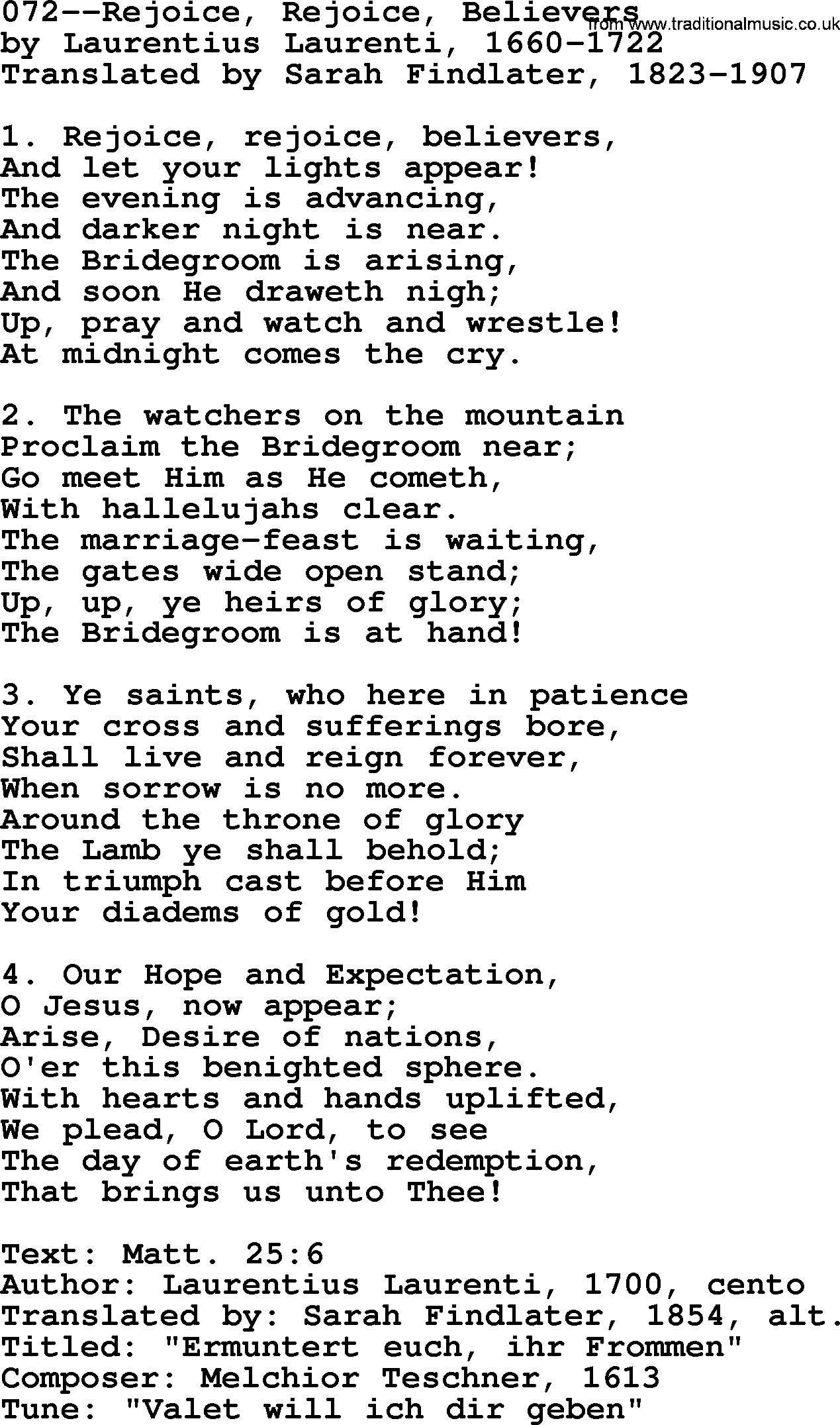 Lutheran Hymn: 072--Rejoice, Rejoice, Believers.txt lyrics with PDF