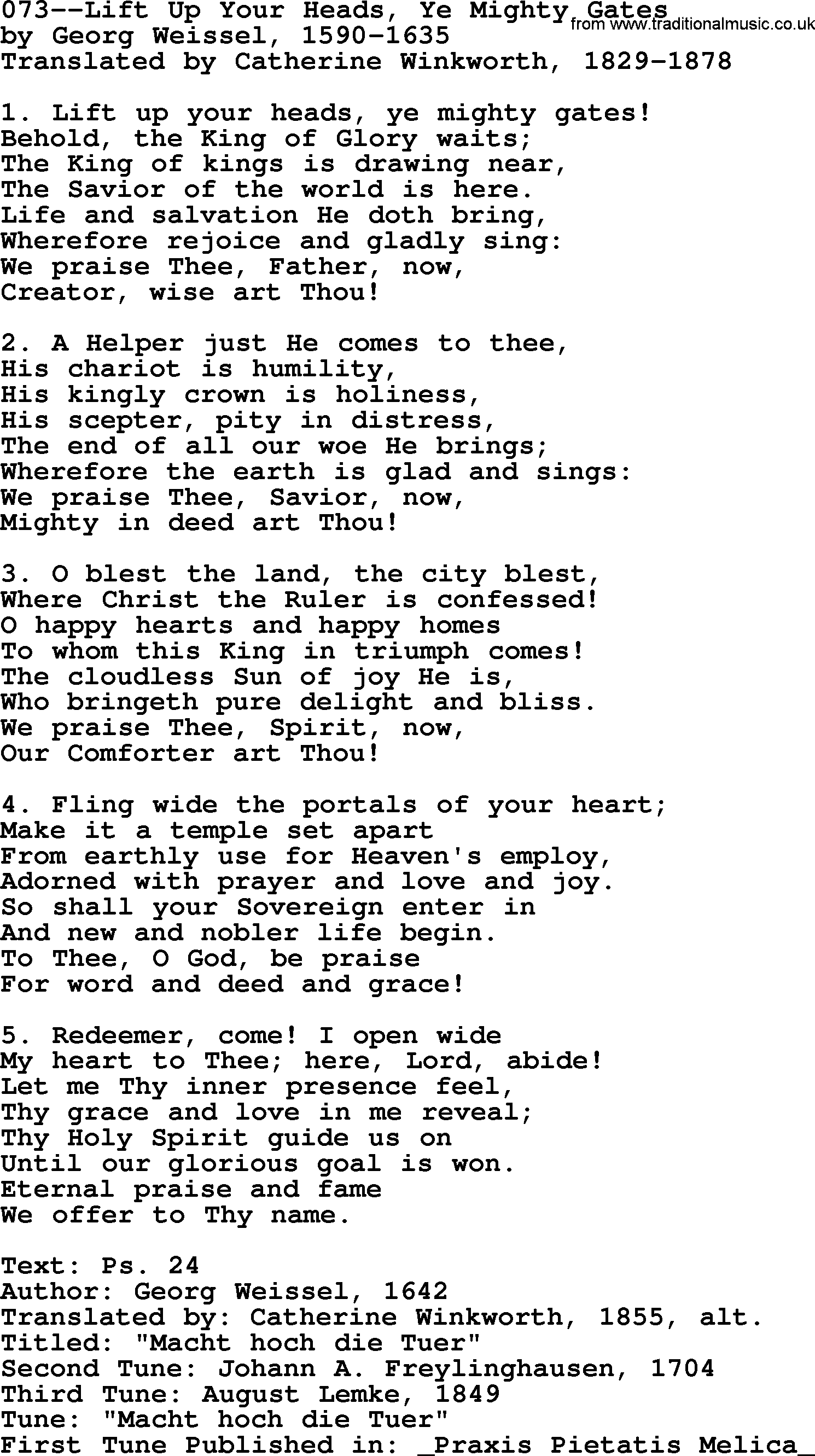 Lutheran Hymn: 073--Lift Up Your Heads, Ye Mighty Gates.txt lyrics with PDF