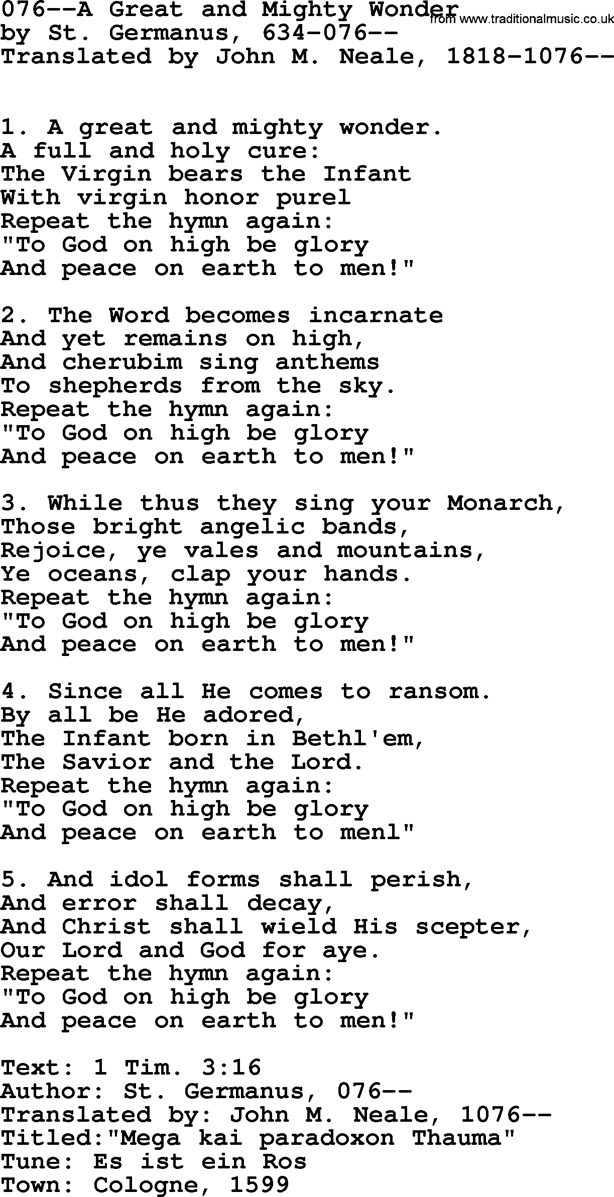 Lutheran Hymn: 076--A Great and Mighty Wonder.txt lyrics with PDF