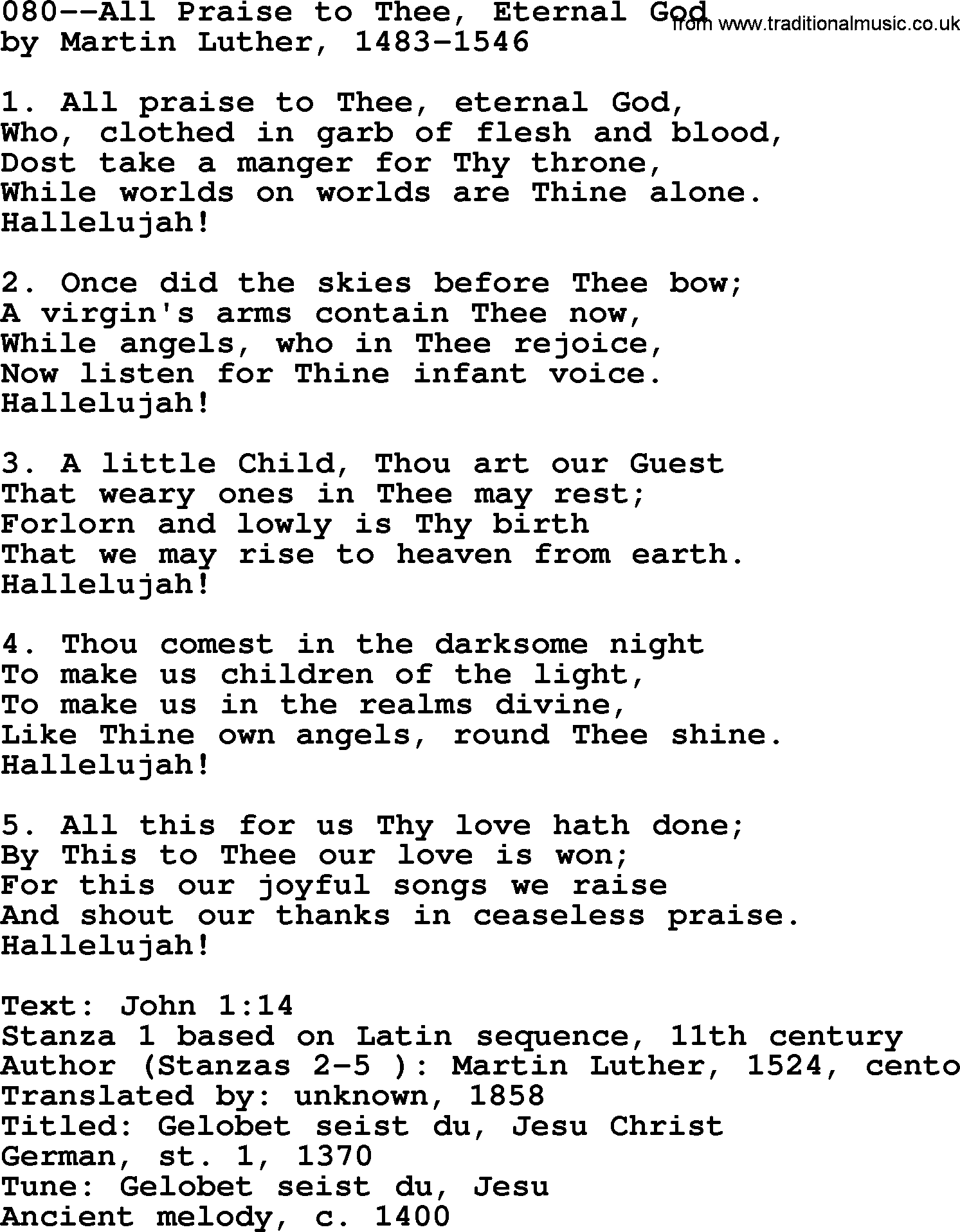 Lutheran Hymn: 080--All Praise to Thee, Eternal God.txt lyrics with PDF
