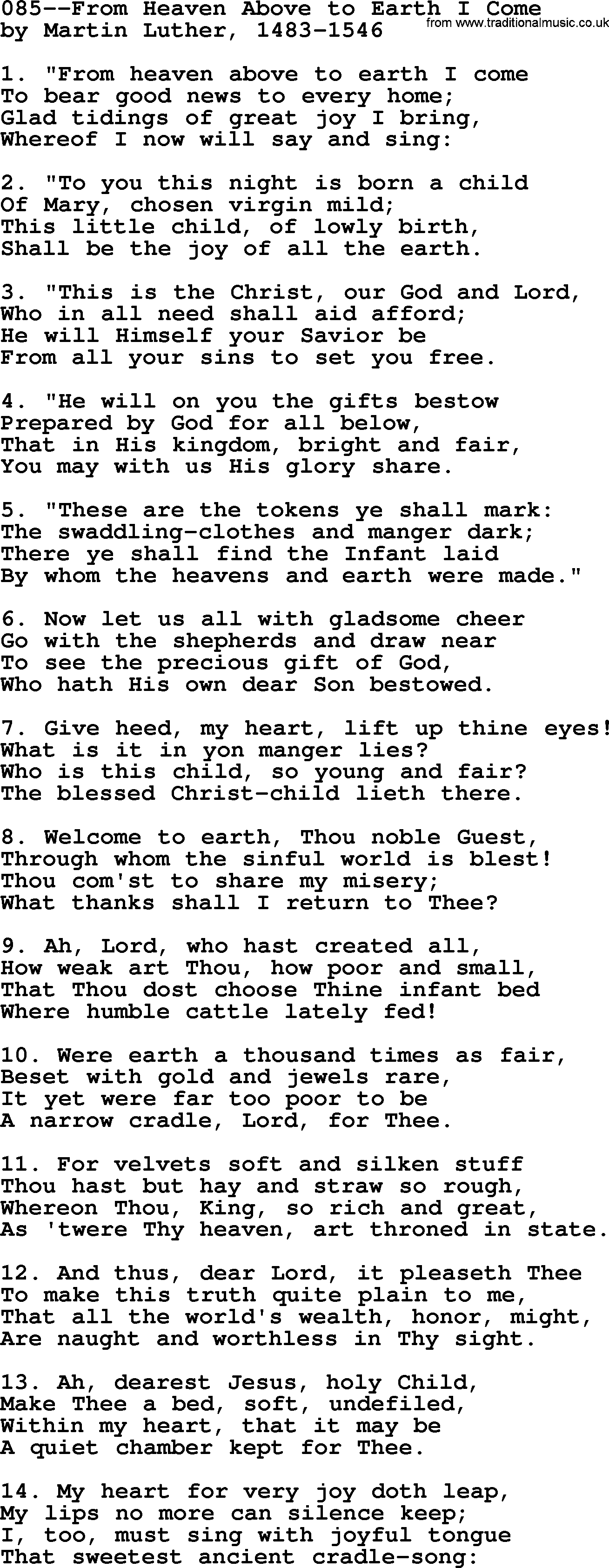 Lutheran Hymn: 085--From Heaven Above to Earth I Come.txt lyrics with PDF