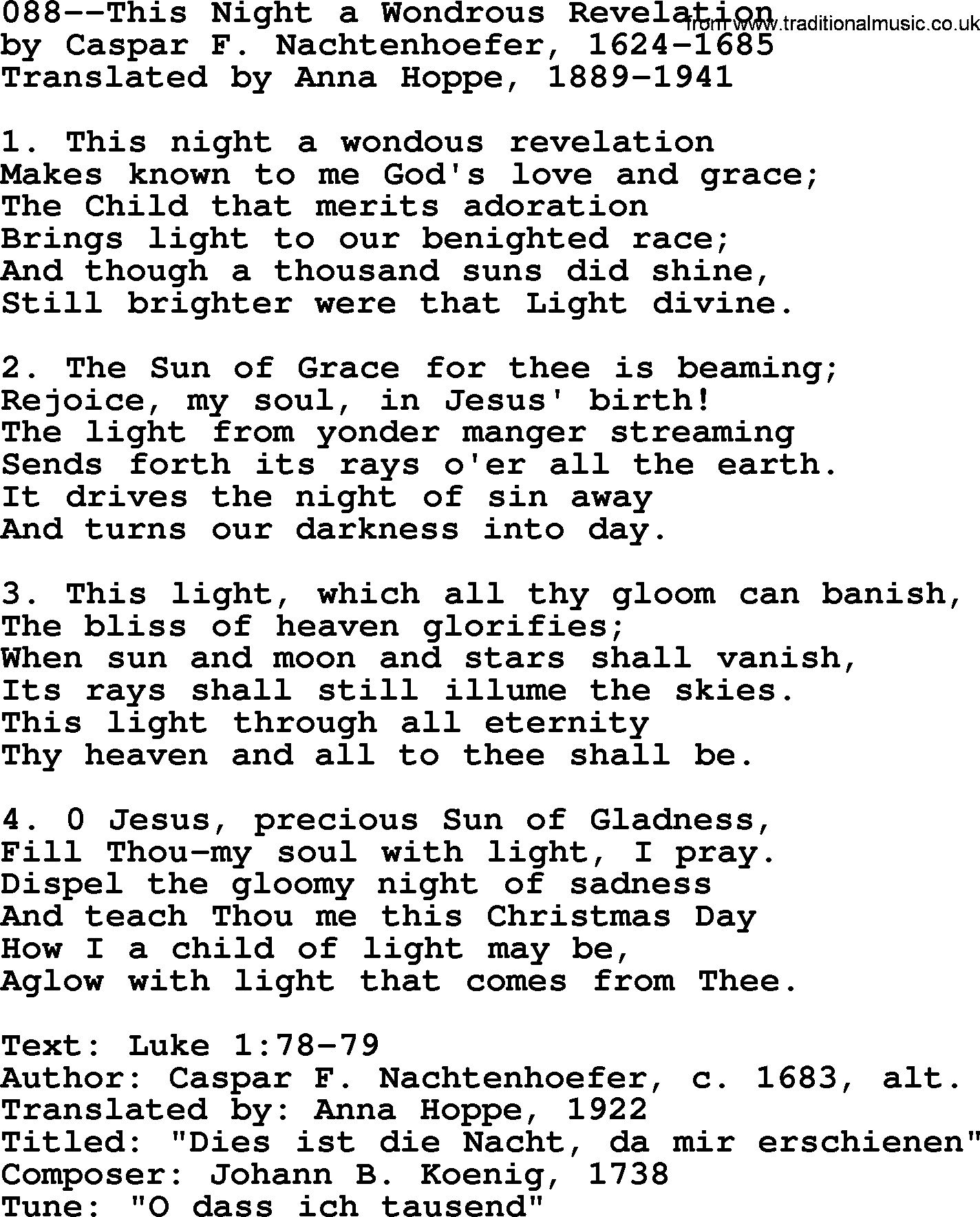 Lutheran Hymn: 088--This Night a Wondrous Revelation.txt lyrics with PDF