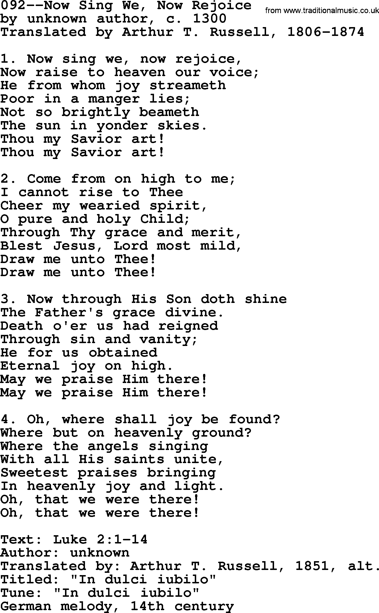 Lutheran Hymn: 092--Now Sing We, Now Rejoice.txt lyrics with PDF