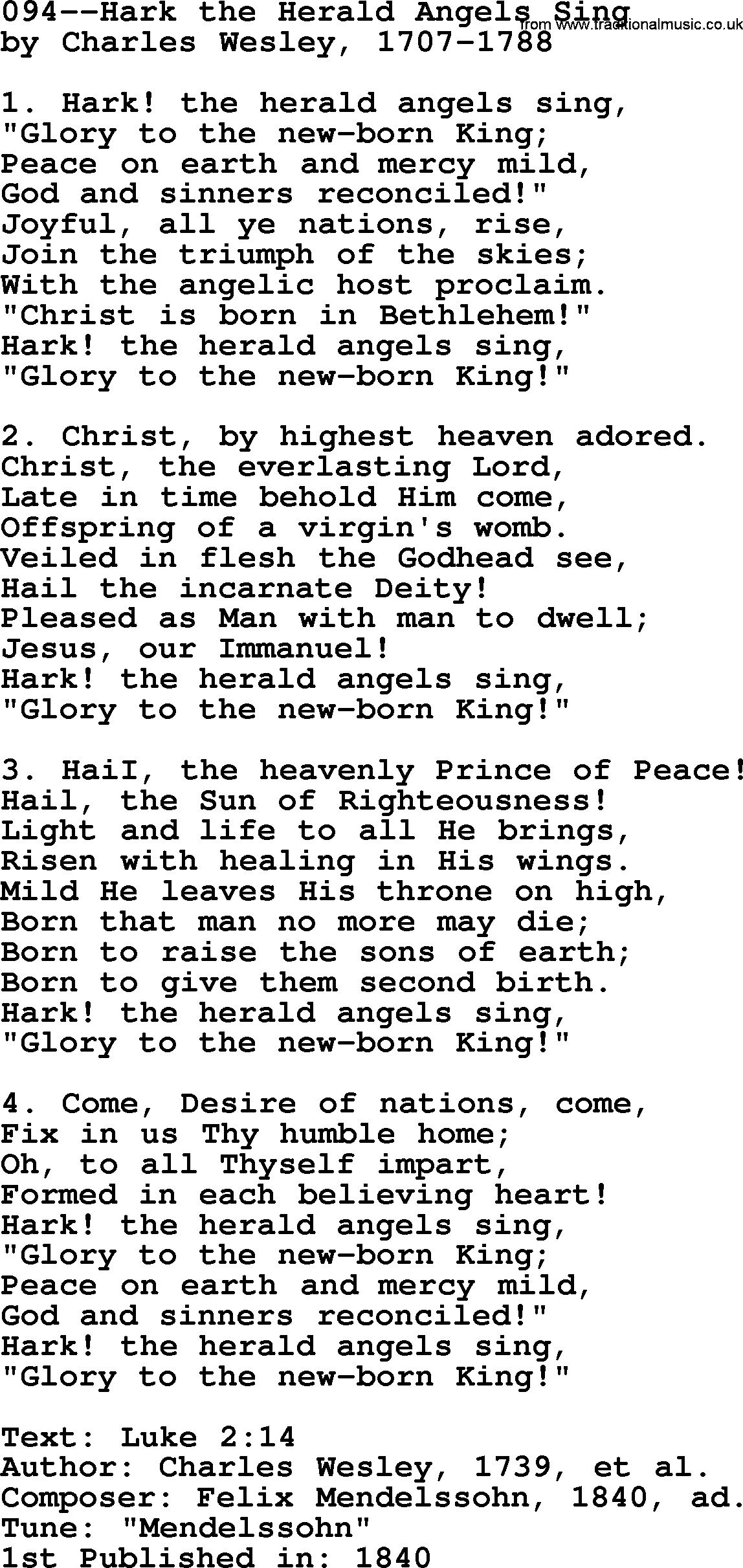 Lutheran Hymn: 094--Hark the Herald Angels Sing.txt lyrics with PDF