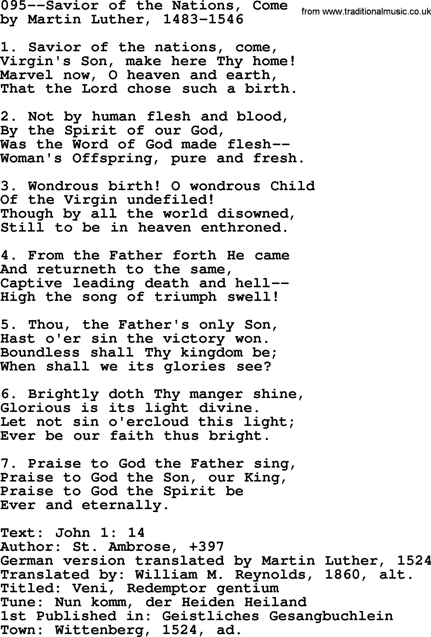 Lutheran Hymn: 095--Savior of the Nations, Come.txt lyrics with PDF