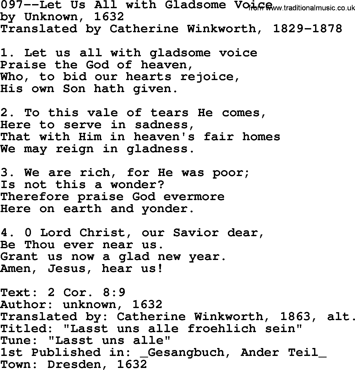 Lutheran Hymn: 097--Let Us All with Gladsome Voice.txt lyrics with PDF