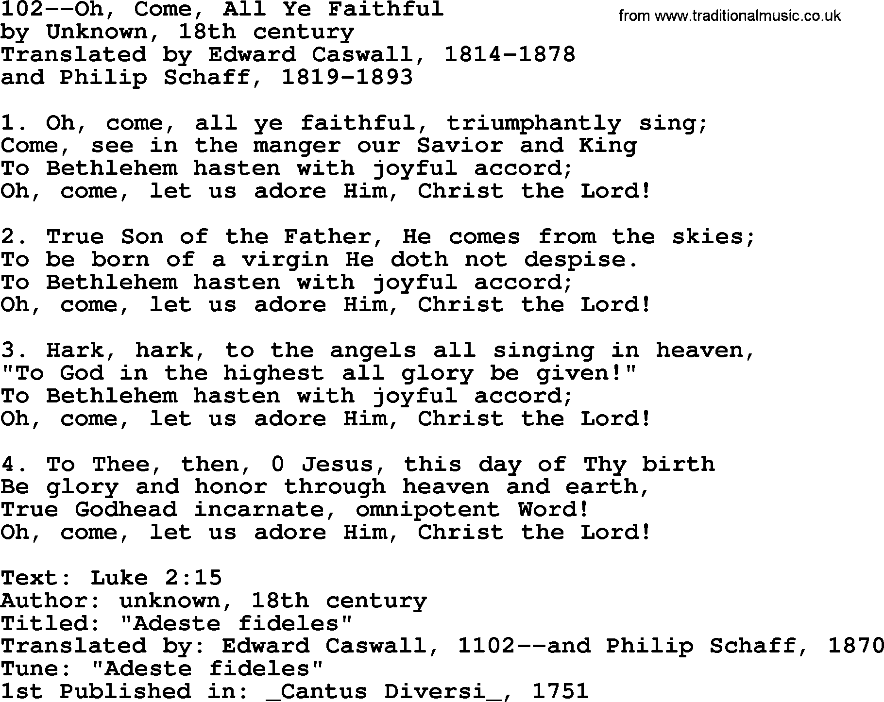 Lutheran Hymns, Song:102--Oh, Come, All Ye Faithful - lyrics and PDF