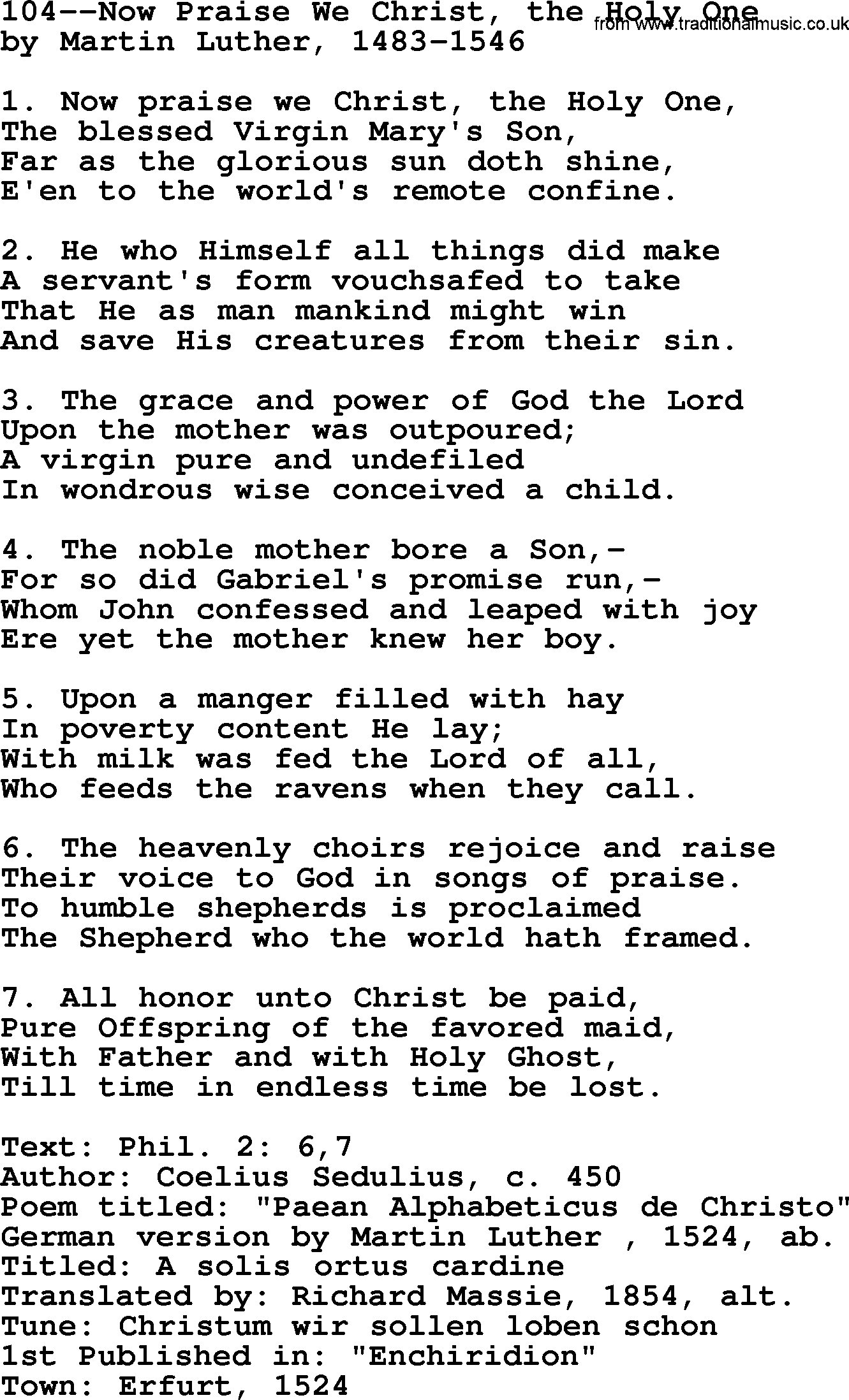 Lutheran Hymn: 104--Now Praise We Christ, the Holy One.txt lyrics with PDF