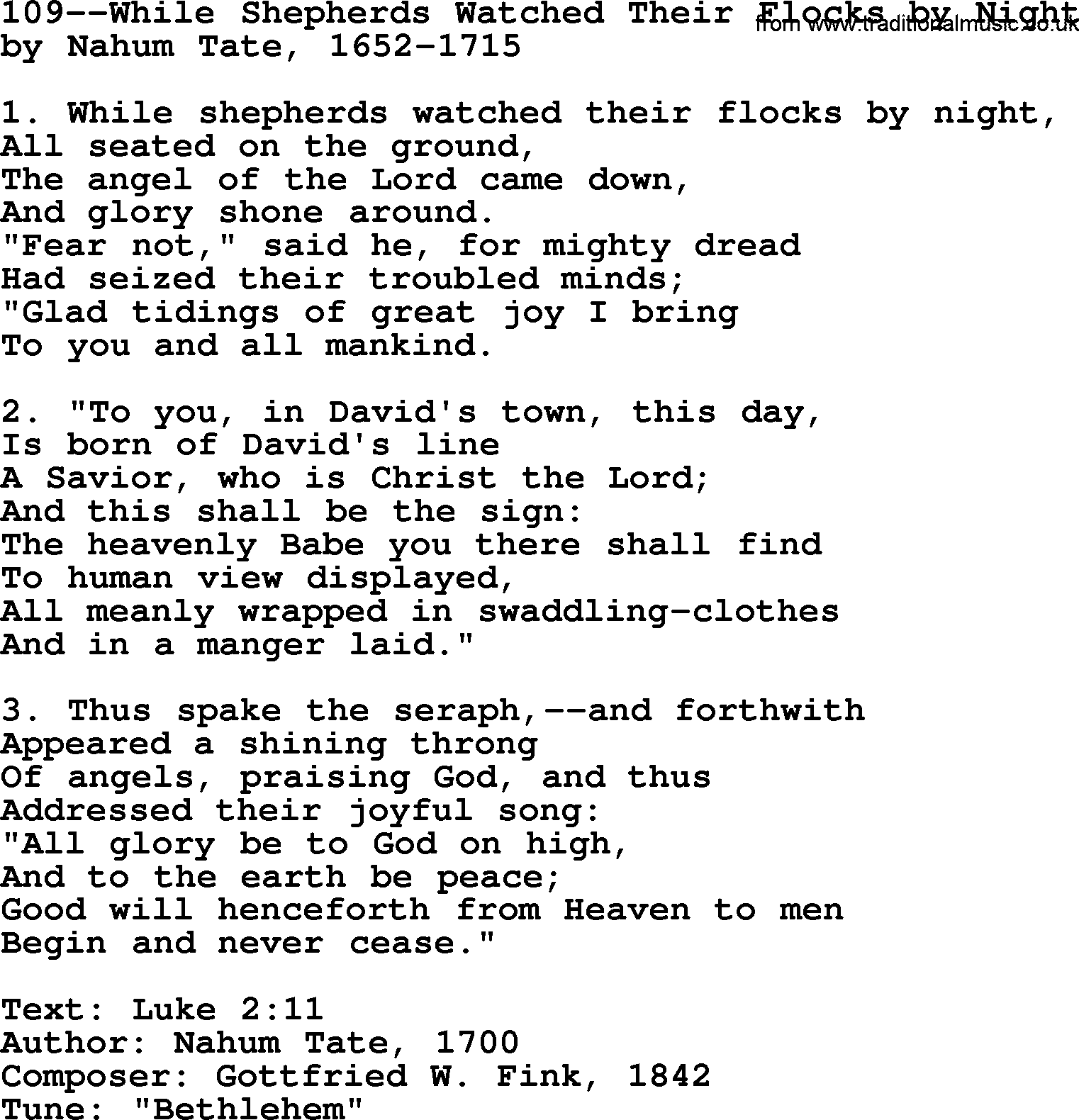 Lutheran Hymn: 109--While Shepherds Watched Their Flocks by Night.txt lyrics with PDF