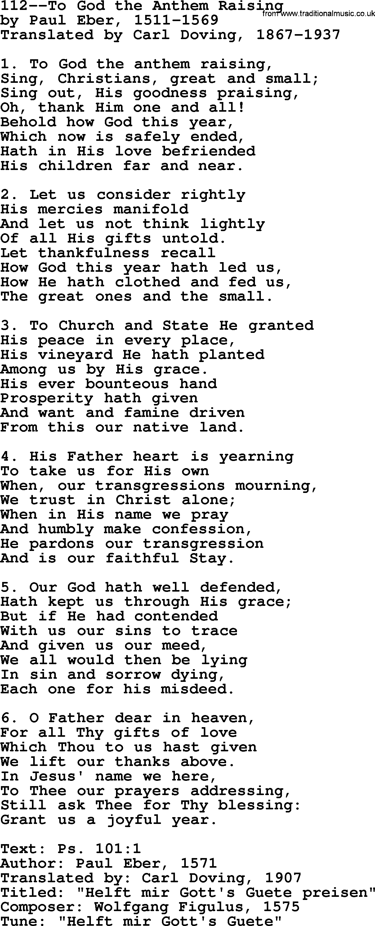 Lutheran Hymn: 112--To God the Anthem Raising.txt lyrics with PDF