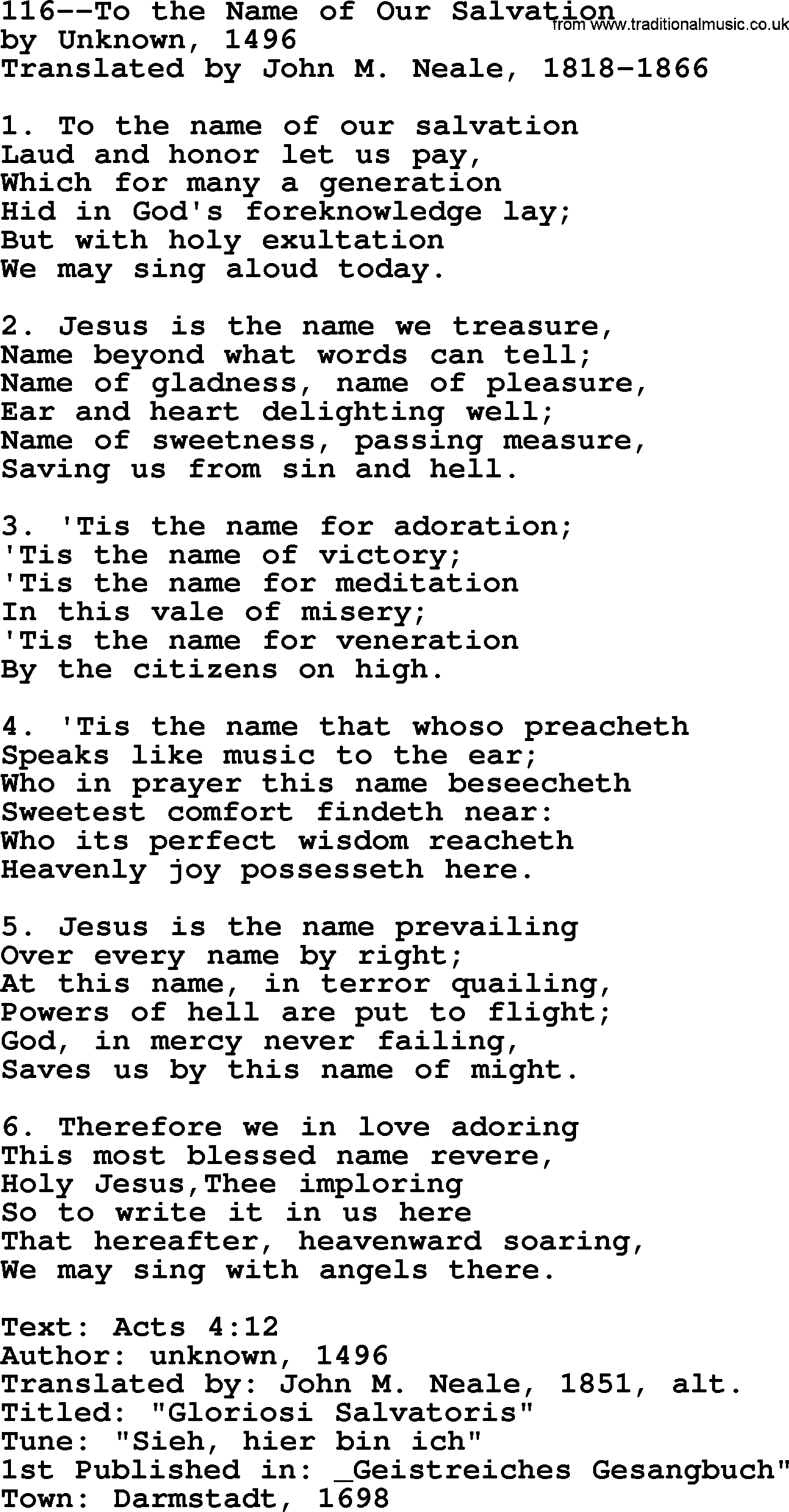Lutheran Hymn: 116--To the Name of Our Salvation.txt lyrics with PDF