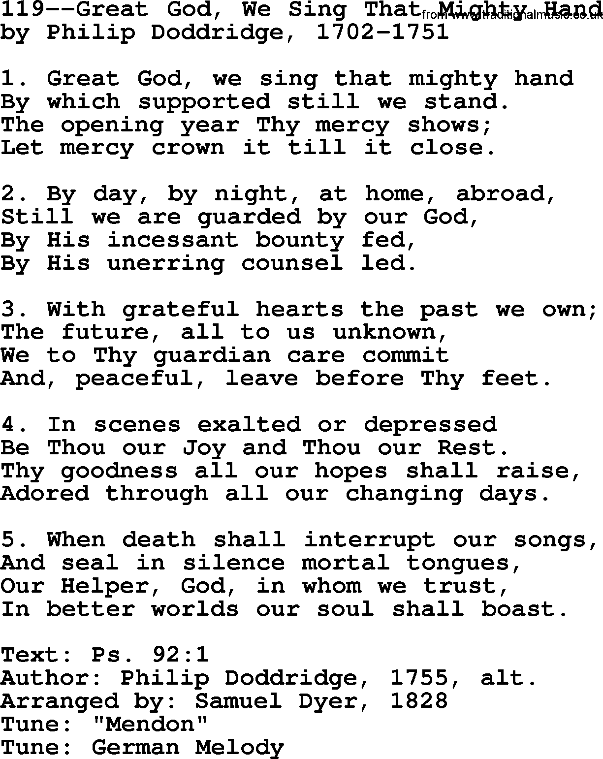 Lutheran Hymn: 119--Great God, We Sing That Mighty Hand.txt lyrics with PDF