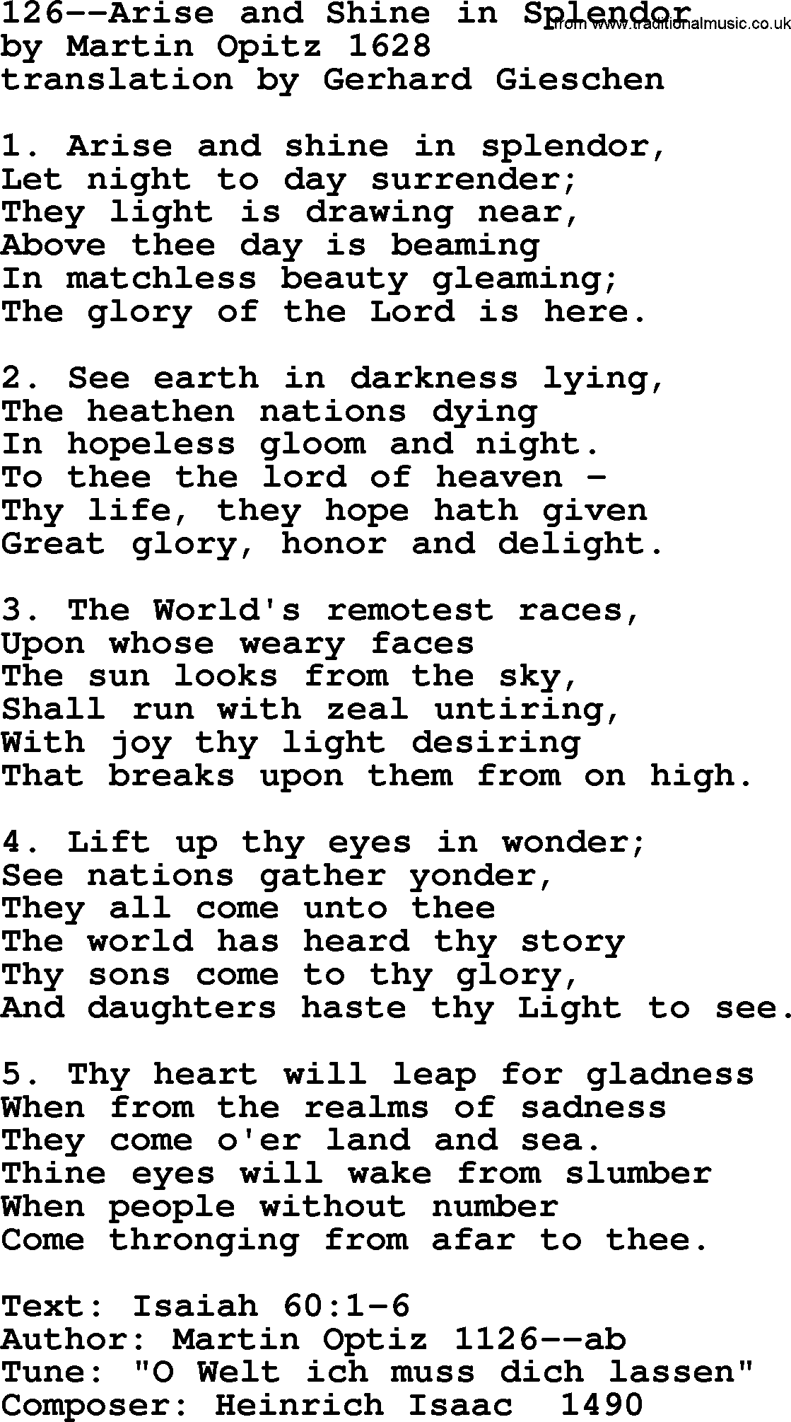 Lutheran Hymn: 126--Arise and Shine in Splendor.txt lyrics with PDF