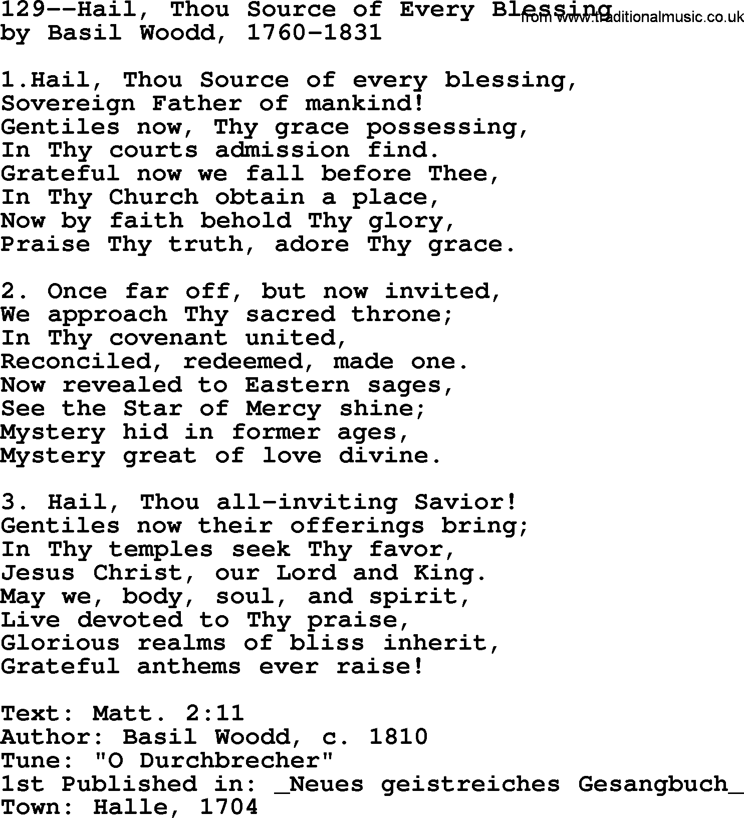 Lutheran Hymn: 129--Hail, Thou Source of Every Blessing.txt lyrics with PDF