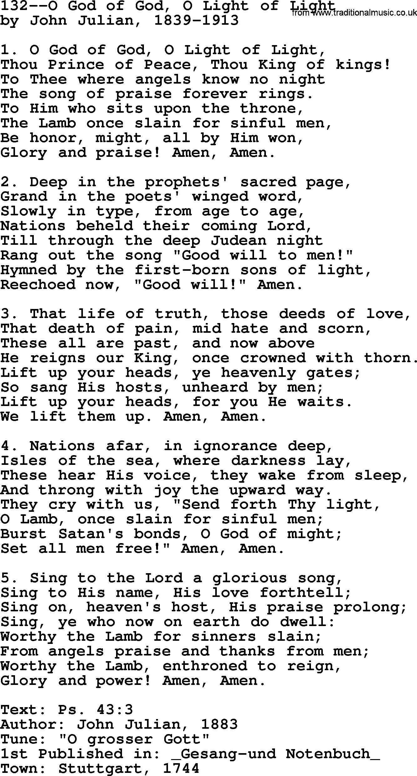 Lutheran Hymn: 132--O God of God, O Light of Light.txt lyrics with PDF
