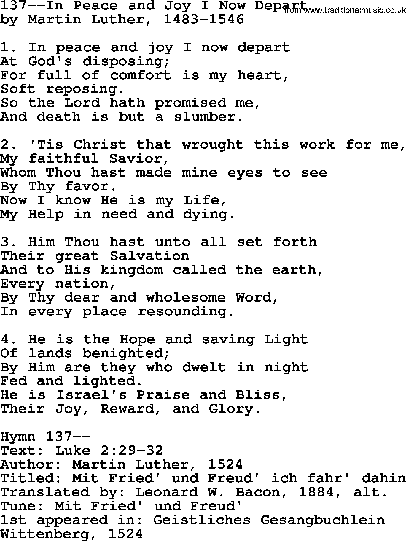 Lutheran Hymn: 137--In Peace and Joy I Now Depart.txt lyrics with PDF