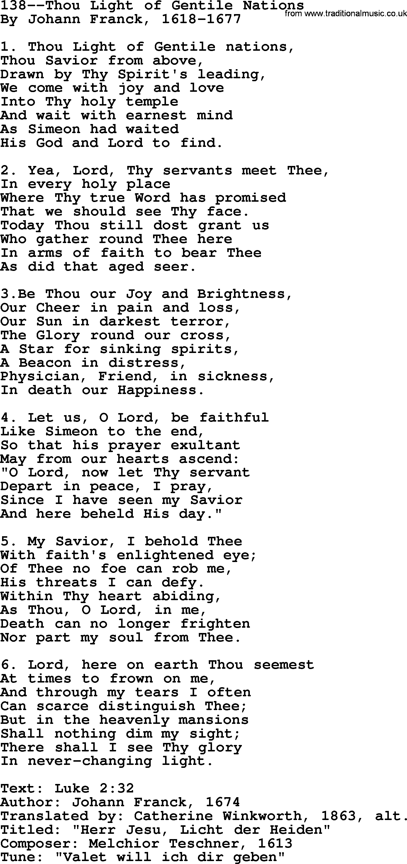 Lutheran Hymn: 138--Thou Light of Gentile Nations.txt lyrics with PDF
