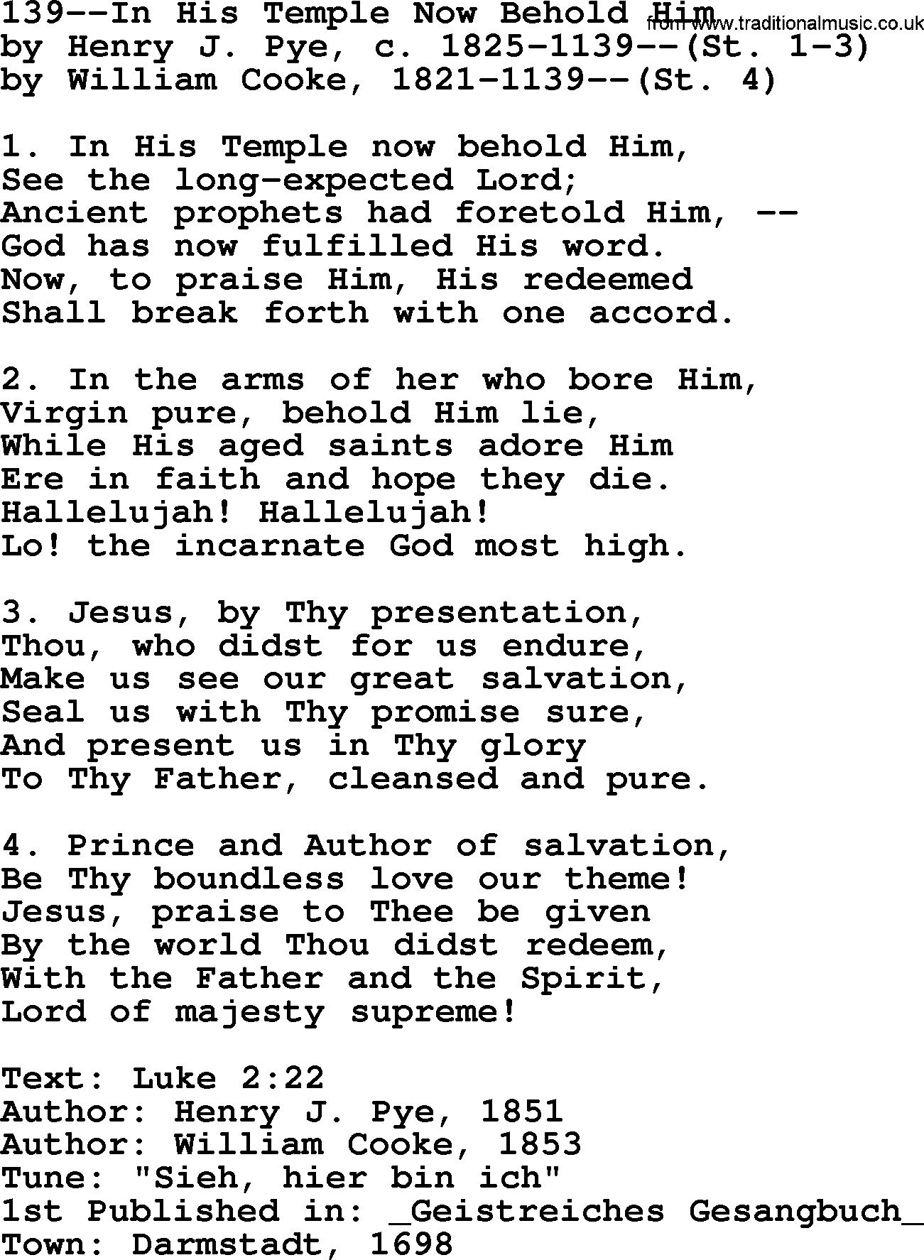 Lutheran Hymn: 139--In His Temple Now Behold Him.txt lyrics with PDF