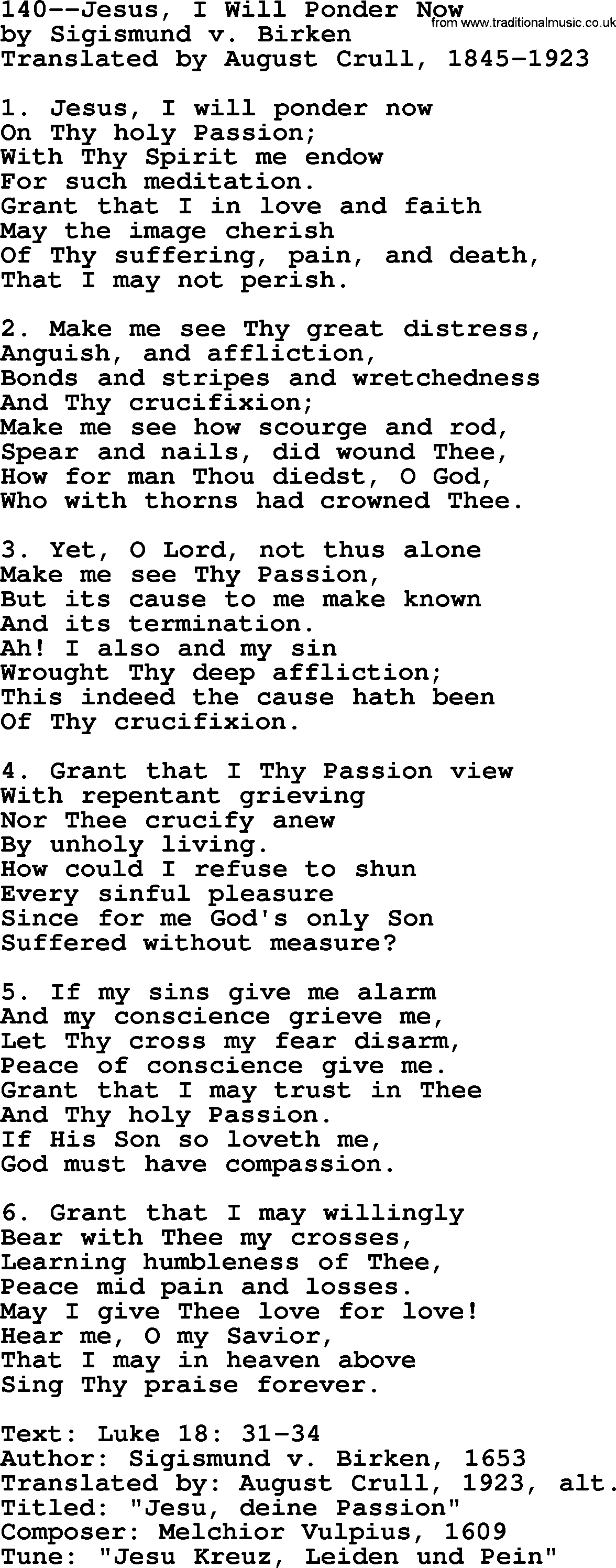 Lutheran Hymn: 140--Jesus, I Will Ponder Now.txt lyrics with PDF