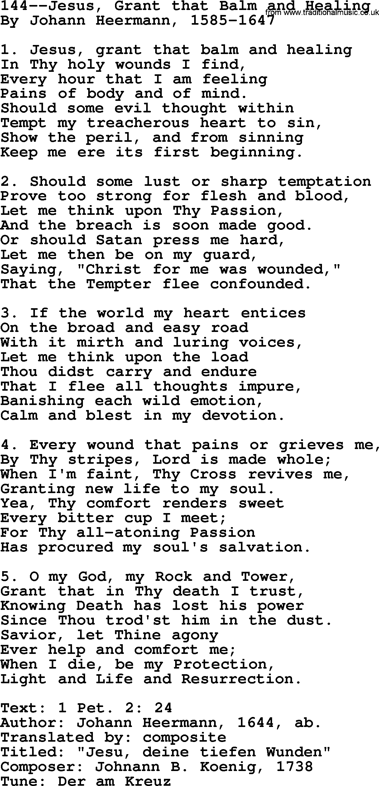 Lutheran Hymn: 144--Jesus, Grant that Balm and Healing.txt lyrics with PDF