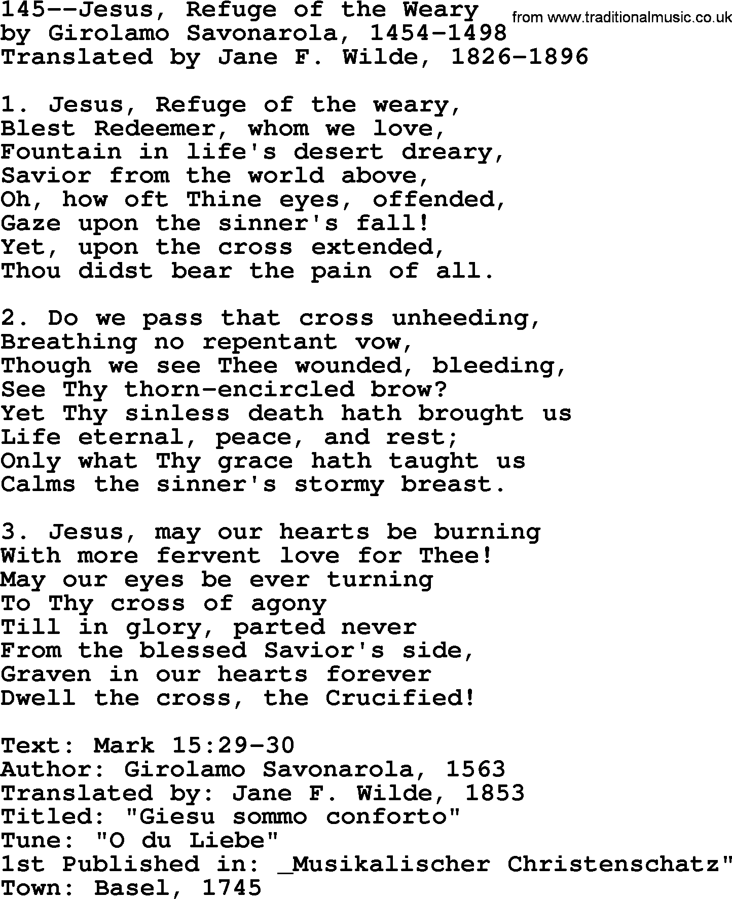 Lutheran Hymn: 145--Jesus, Refuge of the Weary.txt lyrics with PDF