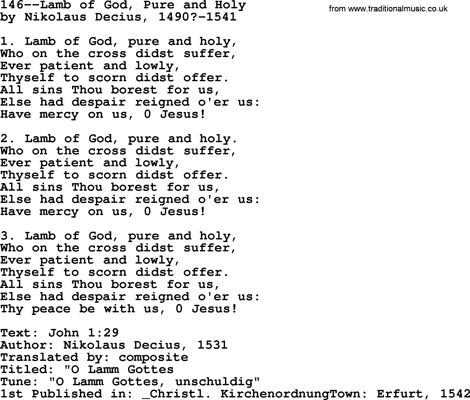 Lutheran Hymn: 146--Lamb of God, Pure and Holy.txt lyrics with PDF